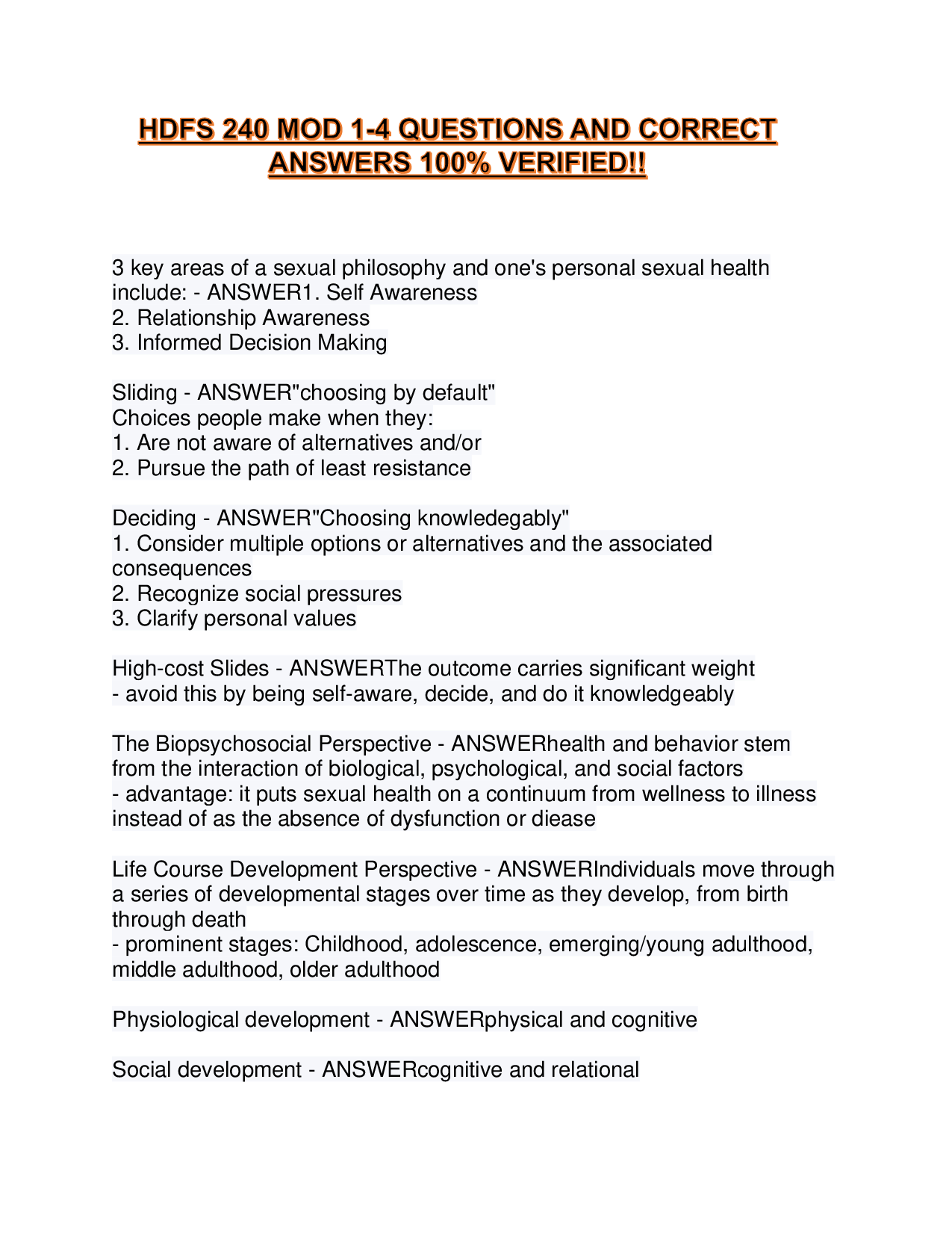 HDFS 240 MOD 1-4 QUESTIONS AND CORRECT ANSWERS 100% VERIFIED!!