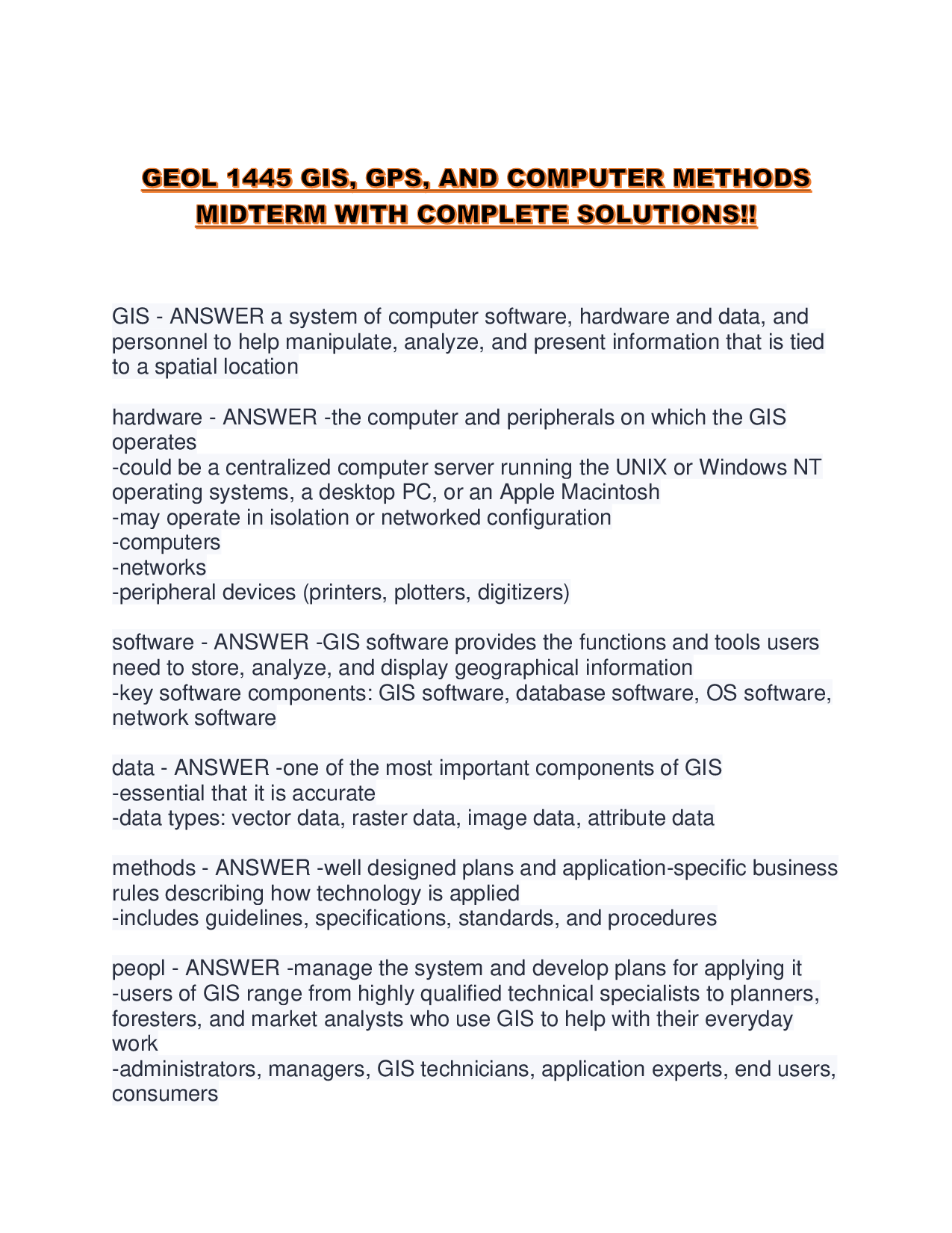 GEOL 1445 GIS, GPS, AND COMPUTER METHODS MIDTERM WITH COMPLETE SOLUTIONS!!