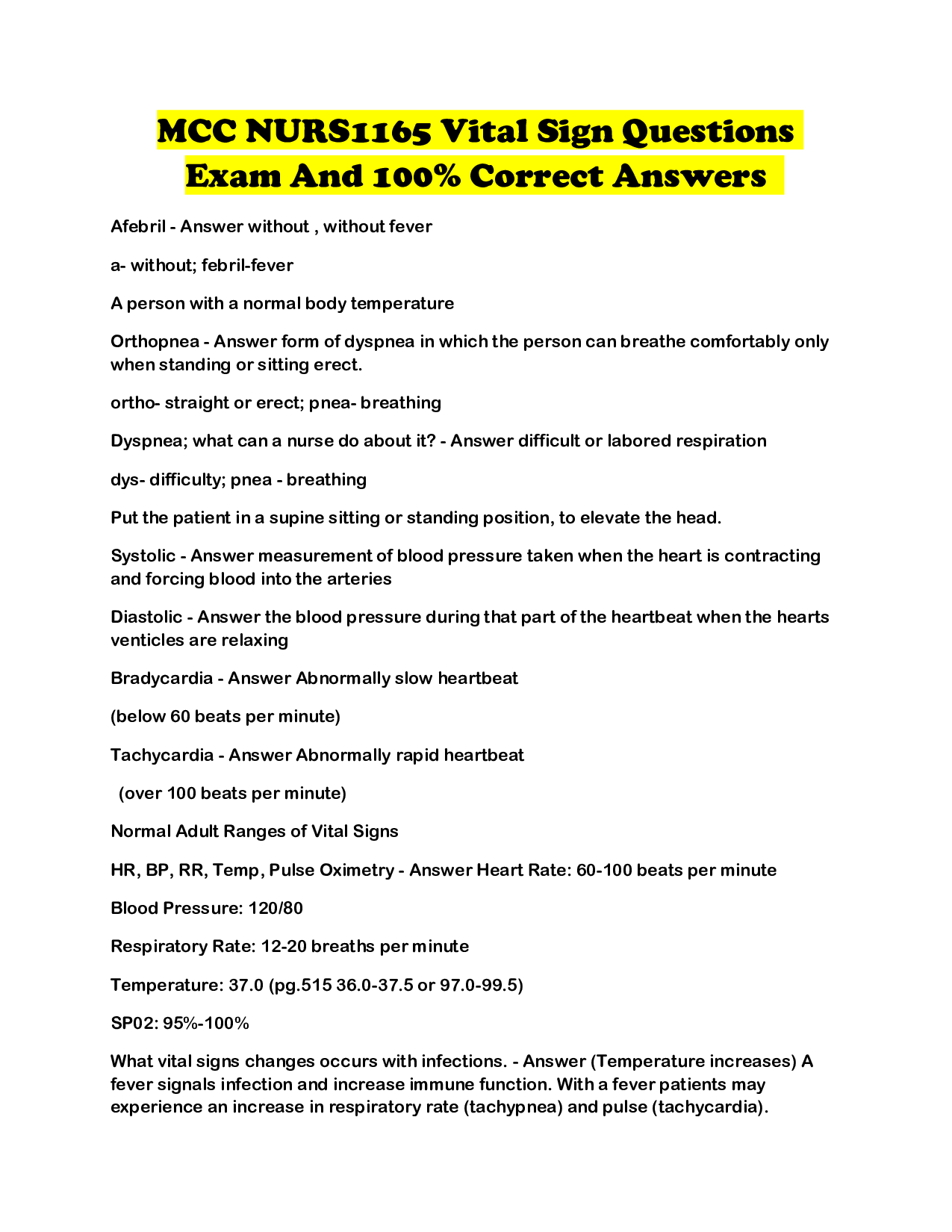 MCC NURS1165 Vital Sign Questions Exam And 100_ Correct Answers