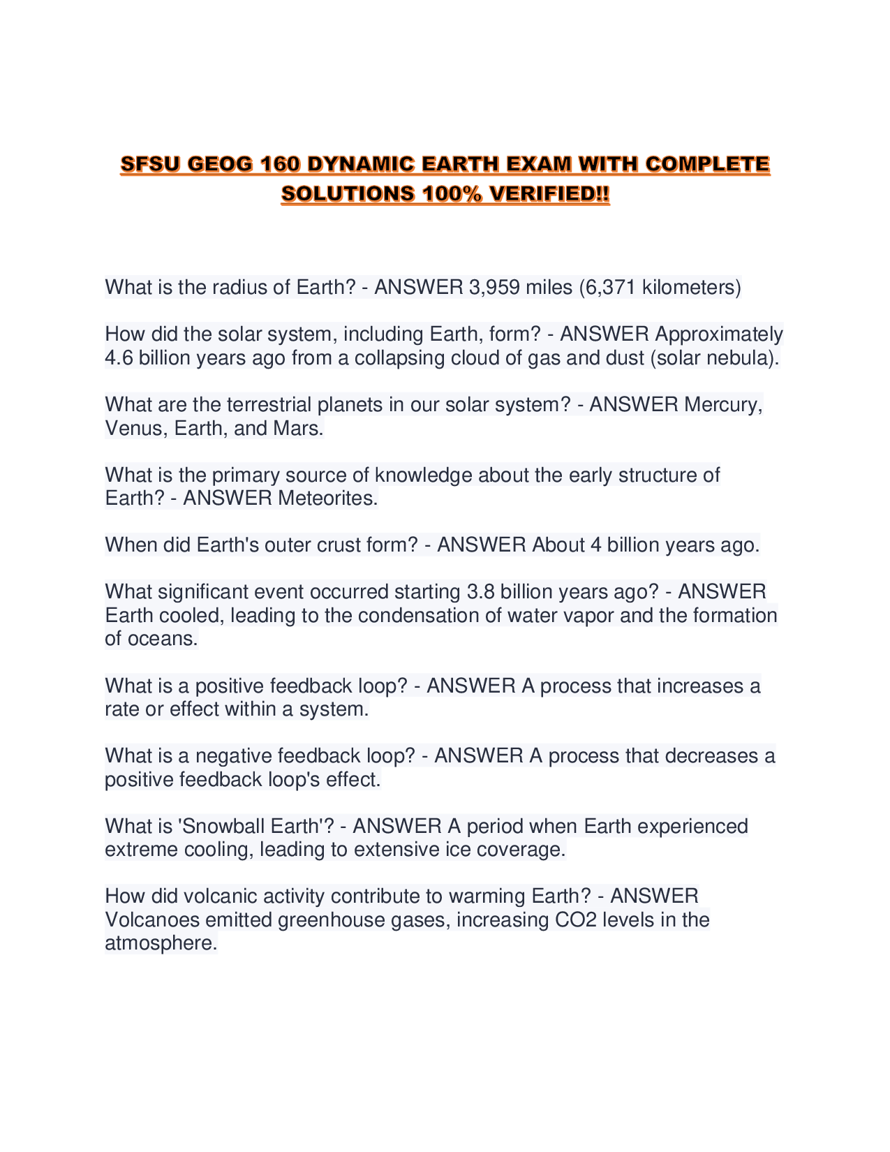 SFSU GEOG 160 DYNAMIC EARTH EXAM WITH COMPLETE SOLUTIONS 100% VERIFIED!!