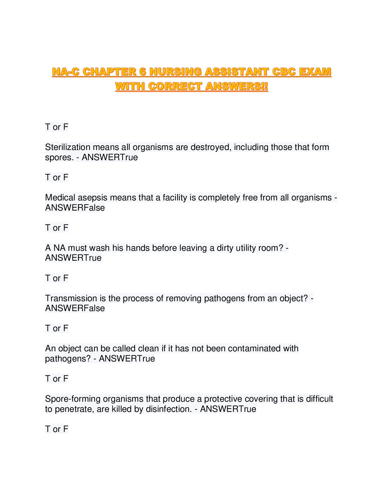NA-C CHAPTER 6 NURSING ASSISTANT CBC EXAM WITH CORRECT ANSWERS!!
