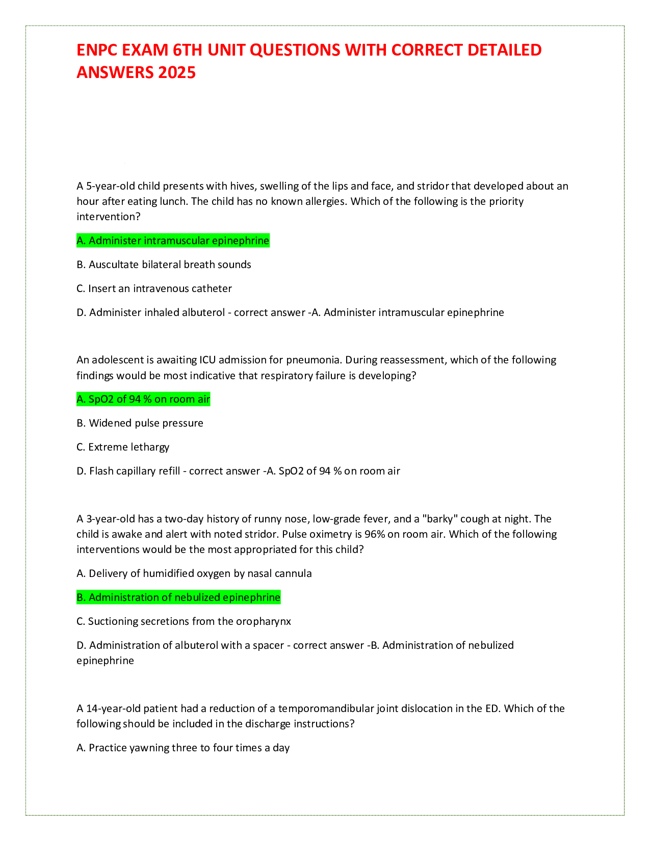 ENPC 6th ed. Exam Questions with correct and verified answers. Graded A+