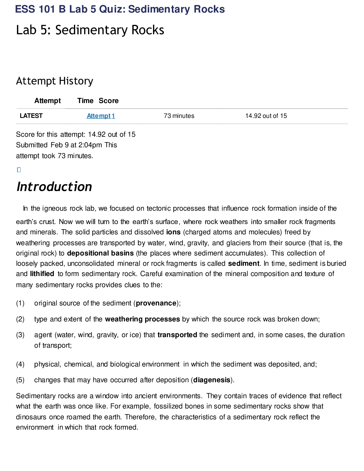ESS 101 B Lab 5 Quiz: Sedimentary Rocks
