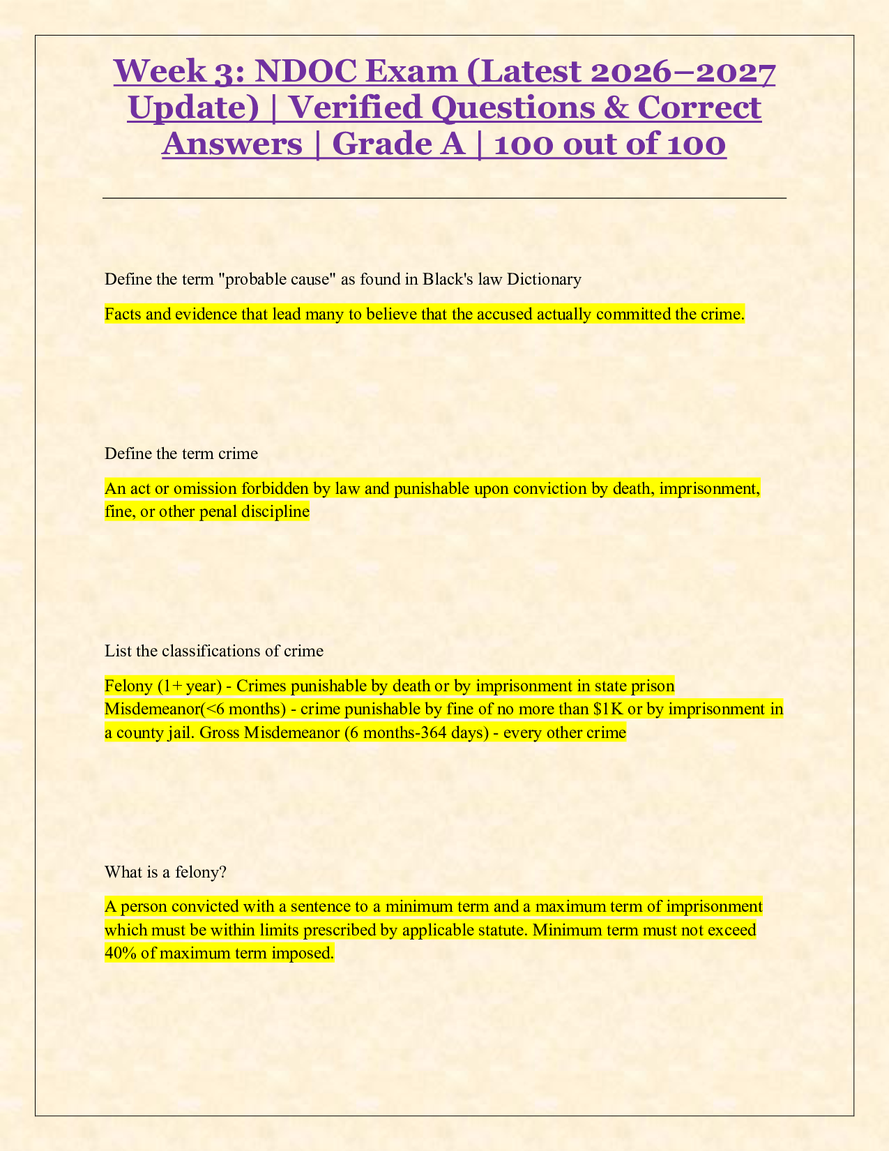 Week 3: NDOC Exam (Latest 2026–2027 Update) | Verified Questions & Correct Answers | Grade A