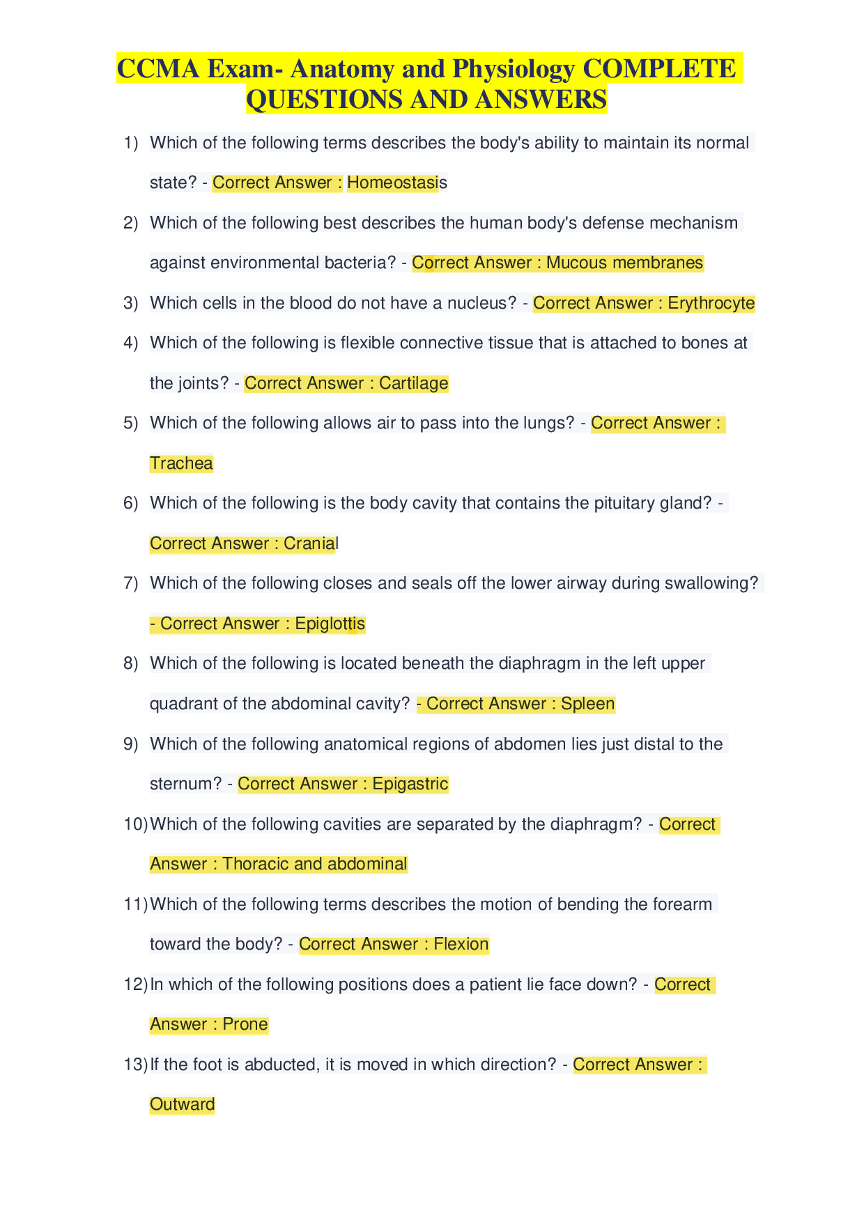 CCMA Exam Questions with Correct Answers- Anatomy and Physiology