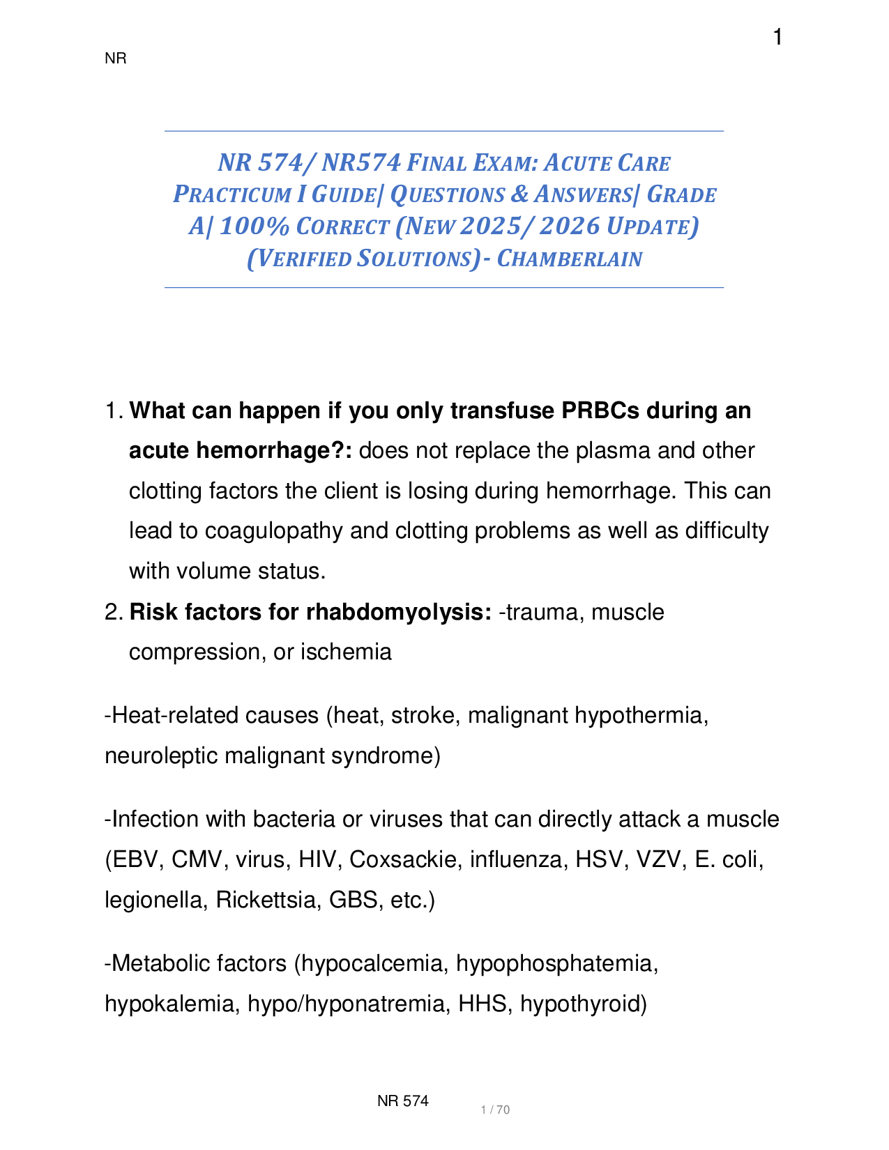 NR 574/ NR574 FINAL EXAM: ACUTE CARE PRACTICUM I GUIDE| QUESTIONS & ANSWERS| GRADE A| 100% CORRECT