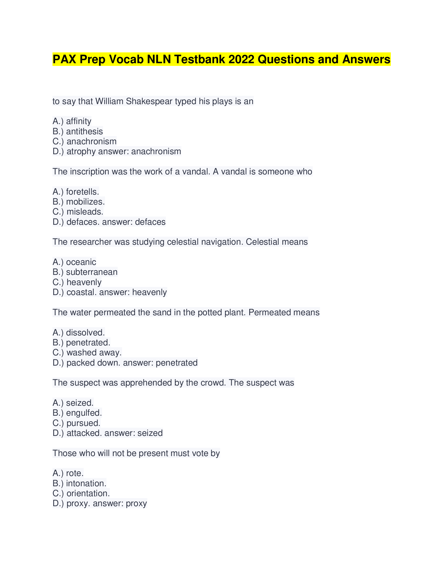 PAX Prep NLN Testbank  Questions and Answers 2024