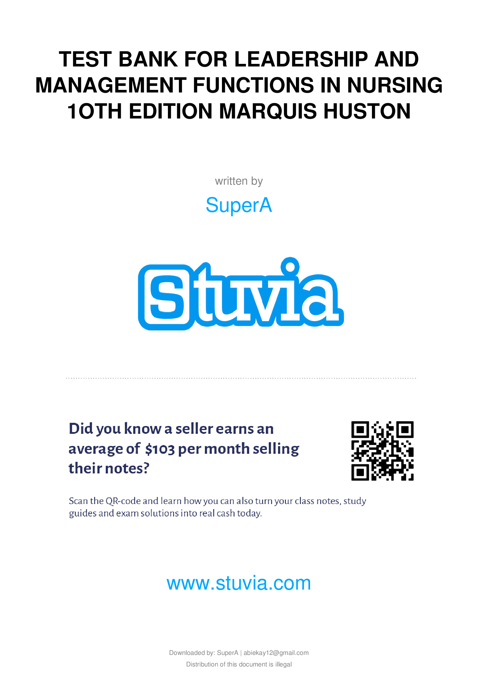 Complete Test Bank For Leadership And Management Functions In Nursing 1oth Edition Marquis Huston