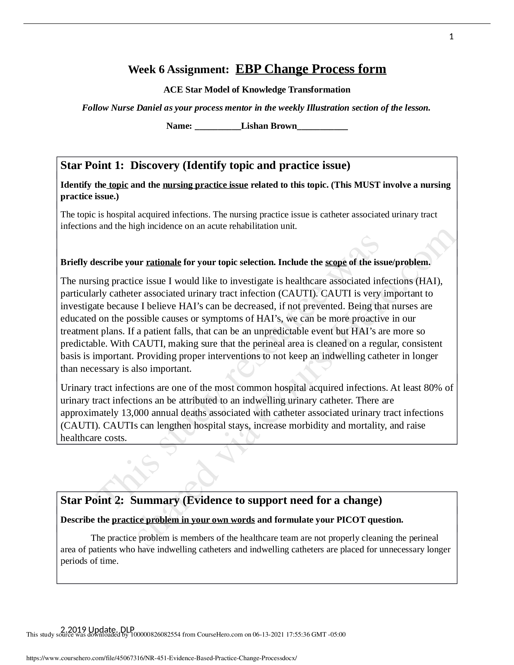 NR 451 Evidence Based Practice Change Process 2021