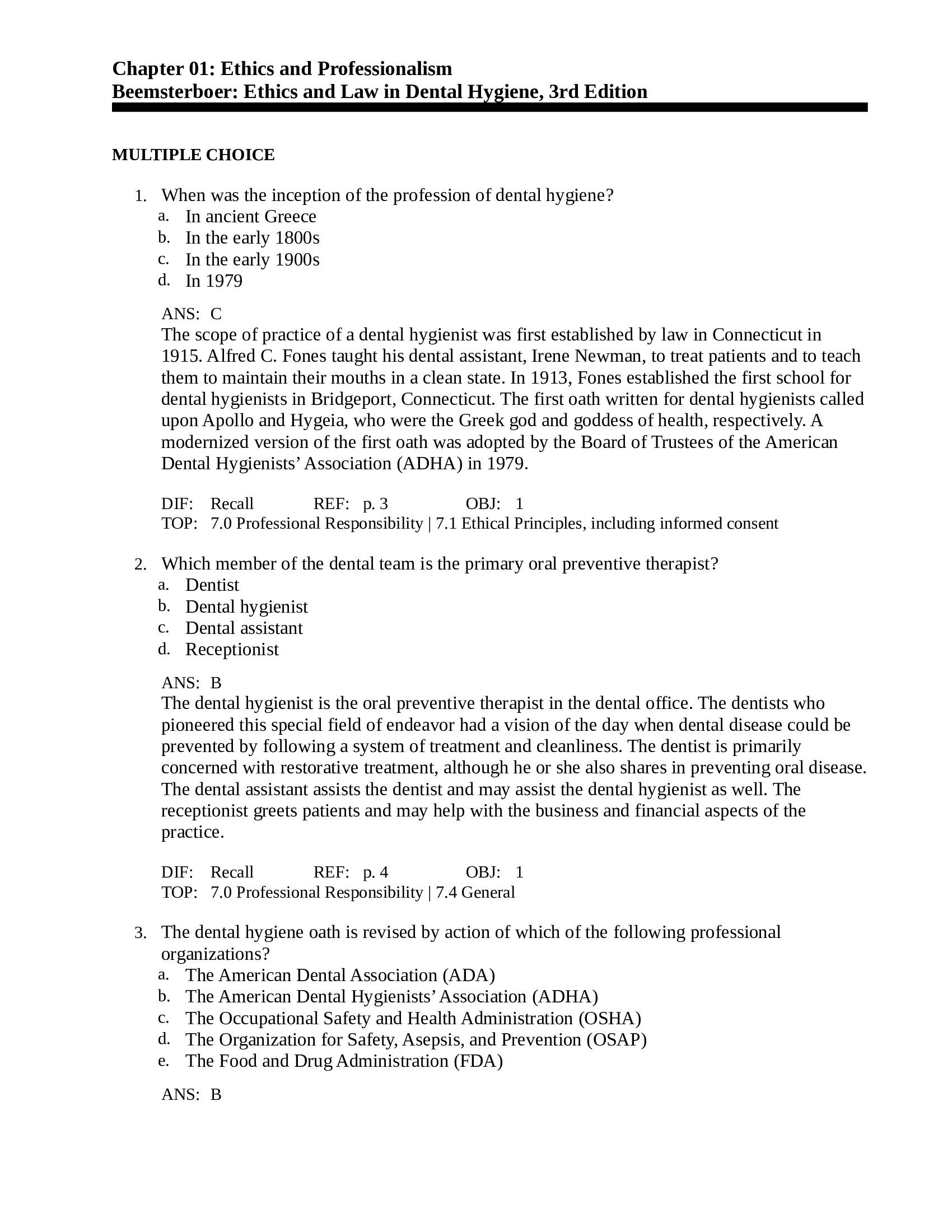 TEST BANK FOR ETHICS AND LAW IN DENTAL HYGIENE 3RD EDITION BY BEEMSTERBOER