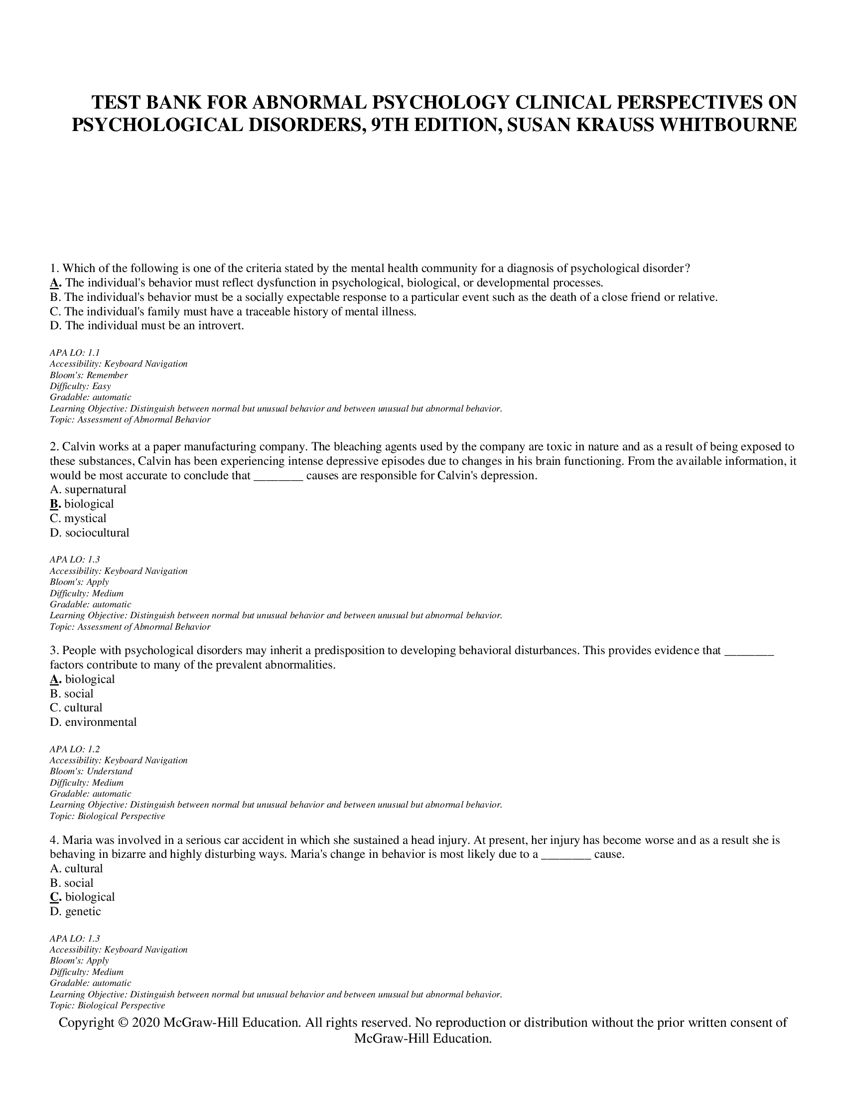 TEST BANK FOR ABNORMAL PSYCHOLOGY CLINICAL PERSPECTIVES ON PSYCHOLOGICAL DISORDERS, 9TH EDITION, SUSAN KRAUSS WHITBOURNE