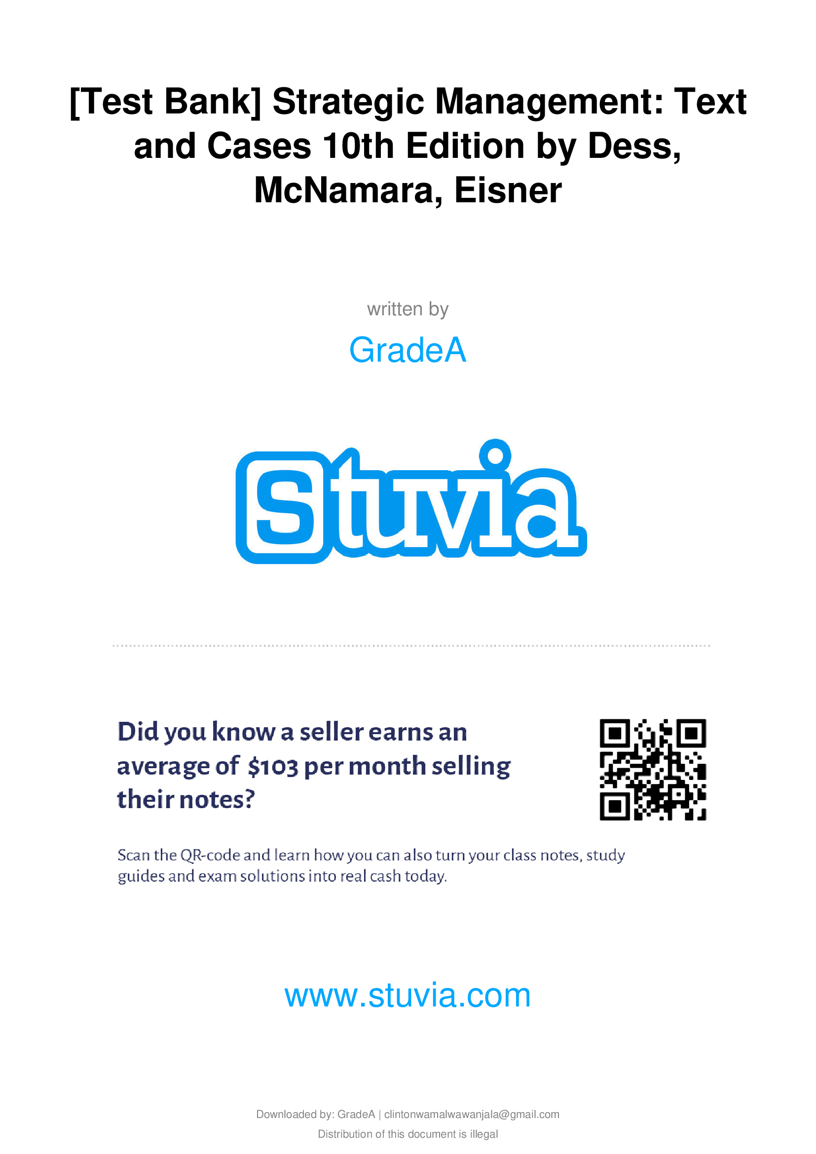 Test Bank For Strategic Management,, Text and Cases 10th Edition by Dess, McNamara, Eisner