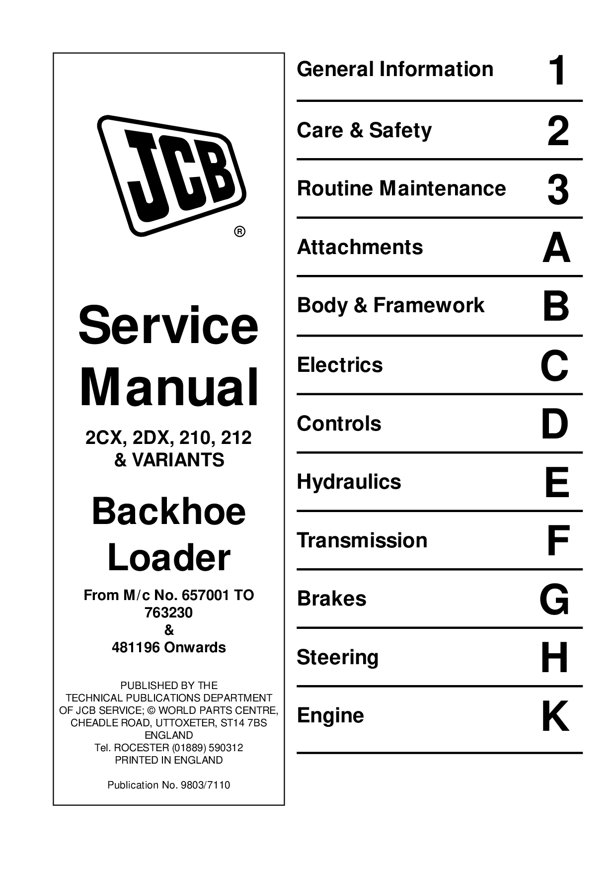 JCB 2CX 2DX 210 212 BACKHOE LOADER SERVICE REPAIR SHOP MANUAL