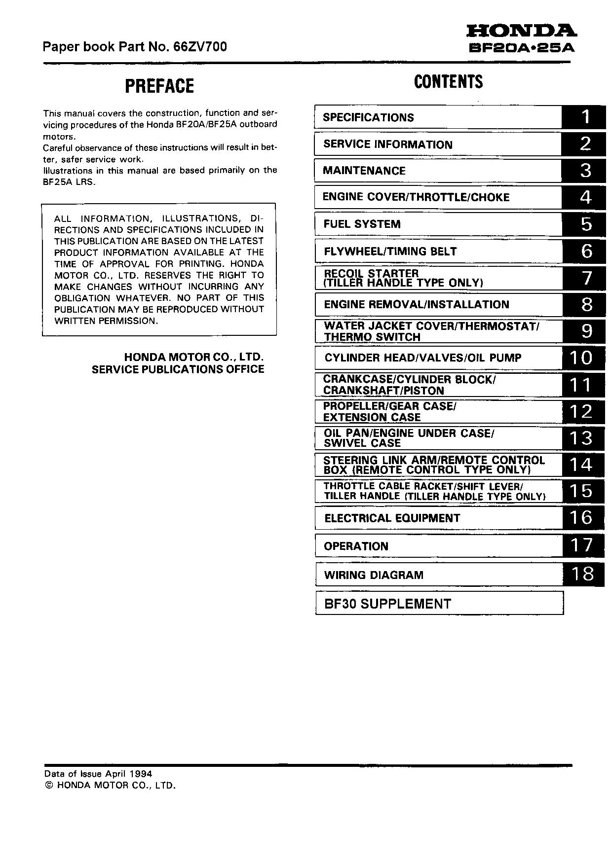 Honda BF20A BF25A BF30A Outboard Service Manual