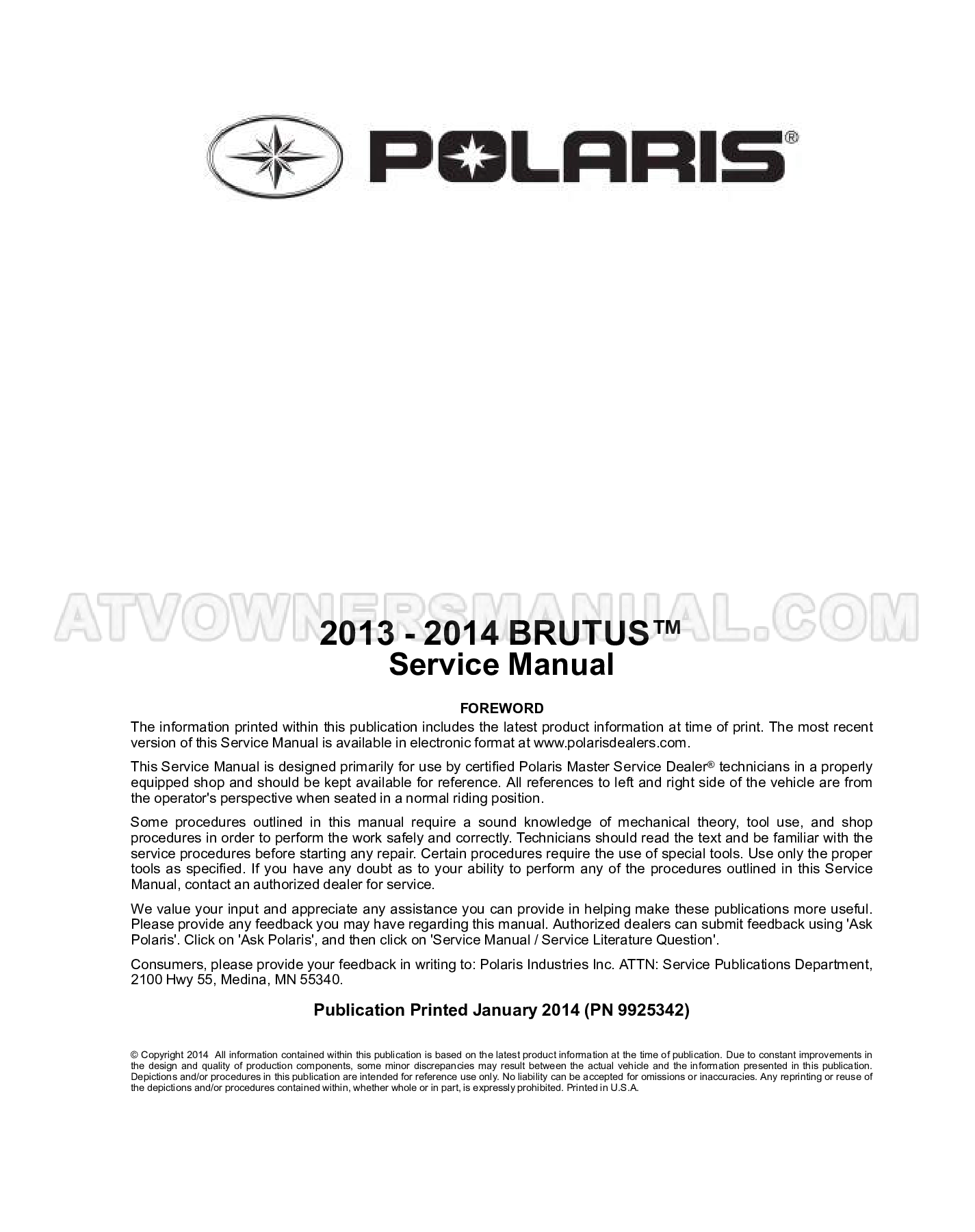 2013-2014 Polaris BRUTUS service manual