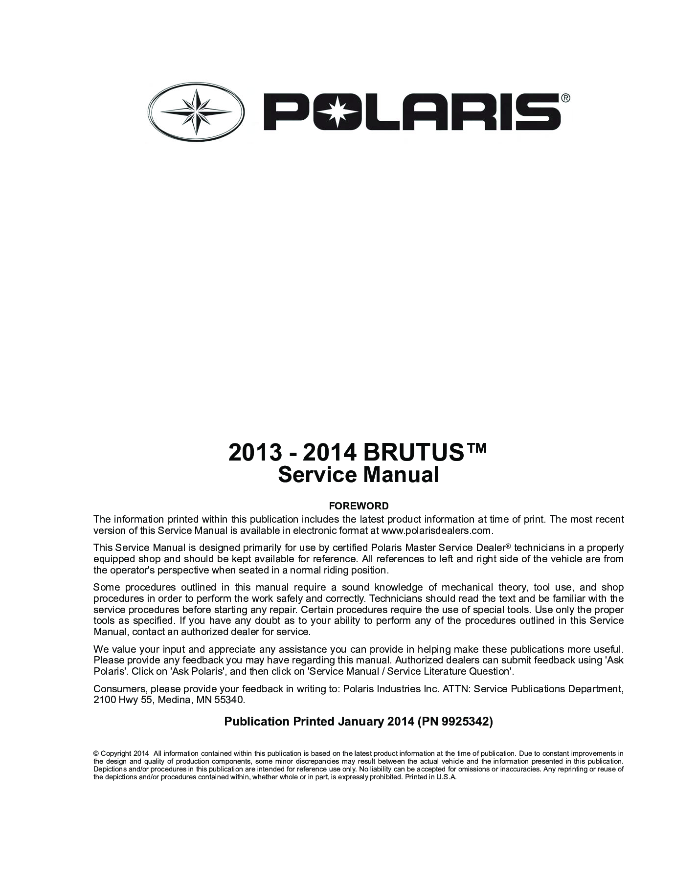 2013–2014 Polaris Brutus Factory Service Repair Manual