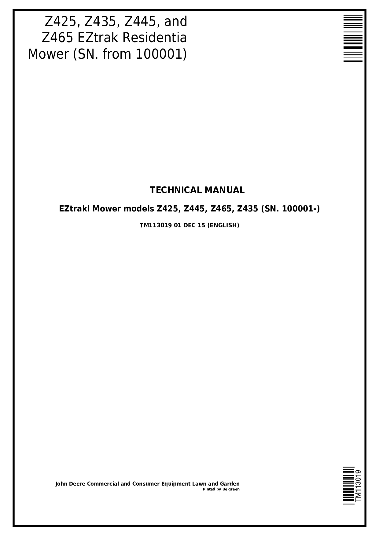John Deere Z425 Z435 Z445 Z465 EZtrak Repair Service Technical Manual