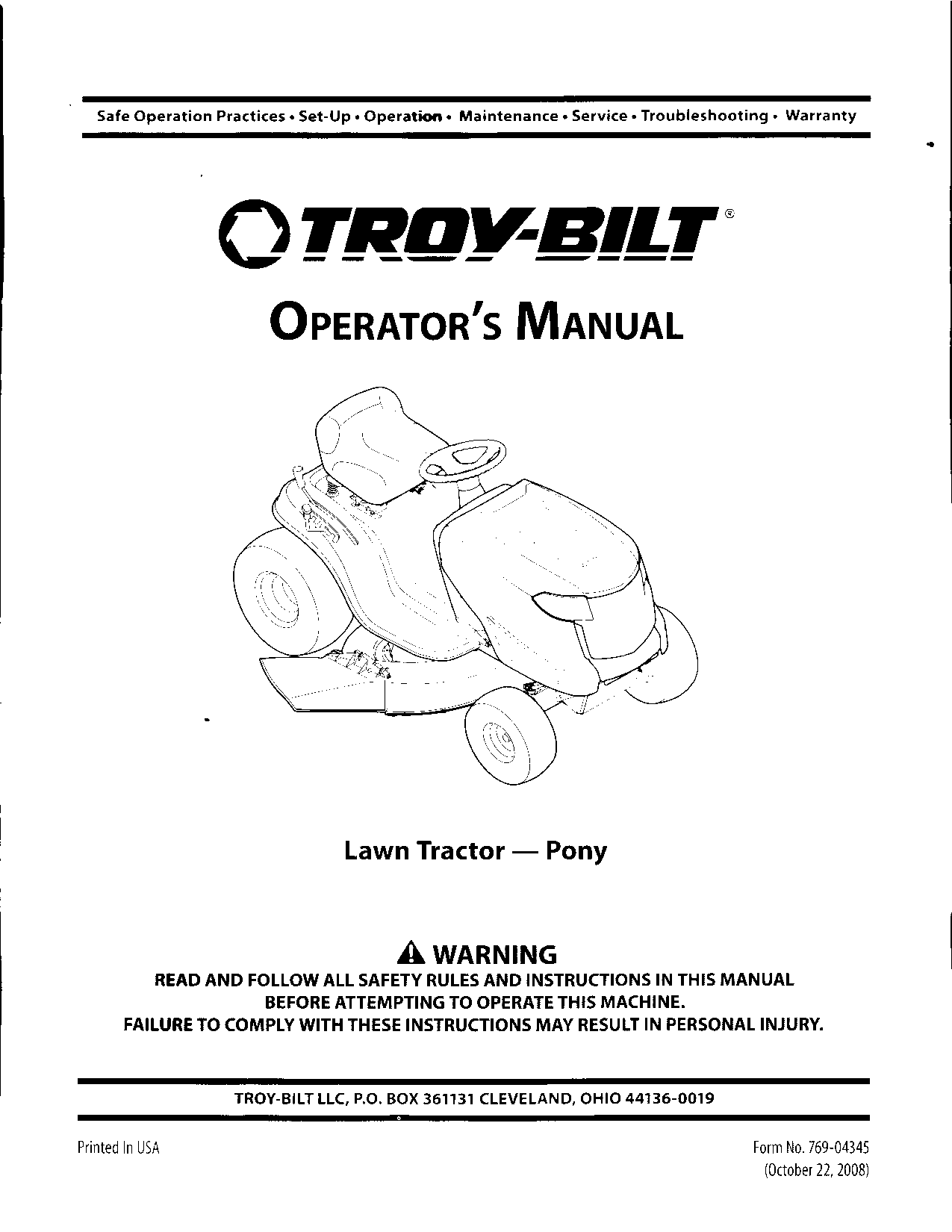 Tractor Operators Maintenance Instruction Manual Fits 2008 Troy Bilt Pony Lawn