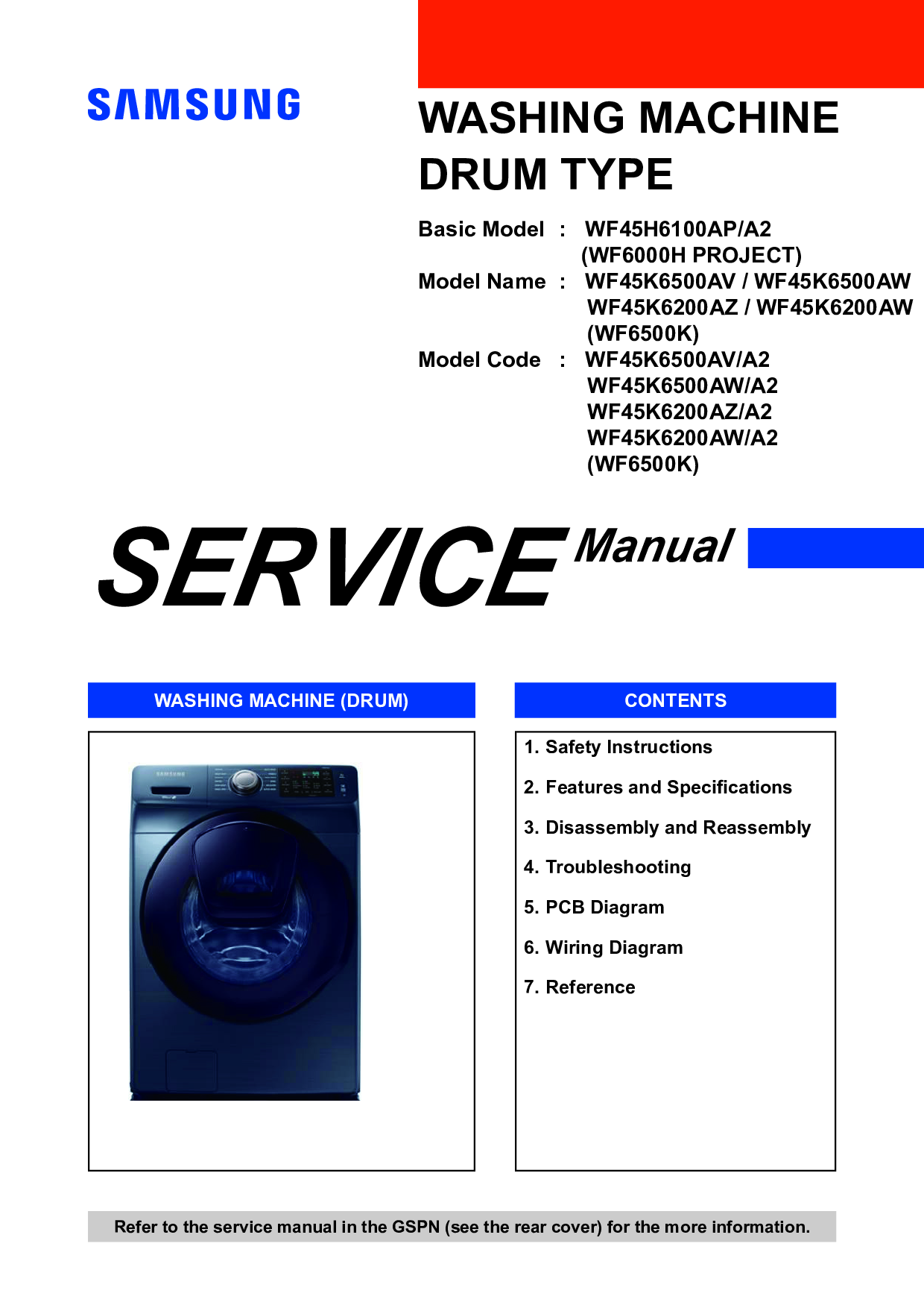 SAMSUNG WF45K6500AV/A2 and WF45K6500AW/A2 Service Manual