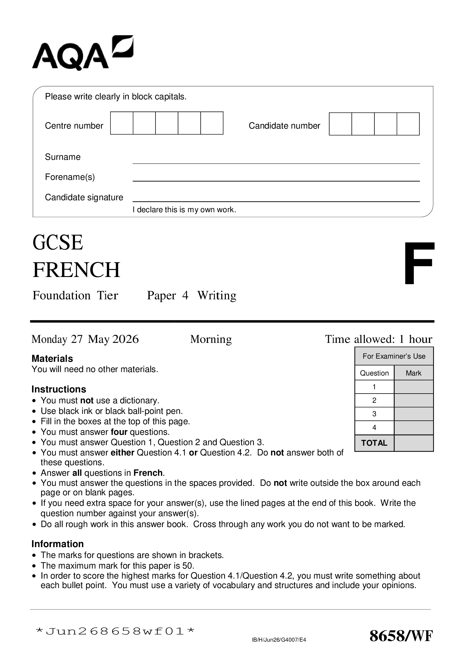 AQA GCSE 8658WF FRENCH Foundation Tier Paper 4 Writing  Question Paper & Mark Scheme (Merged) 2026