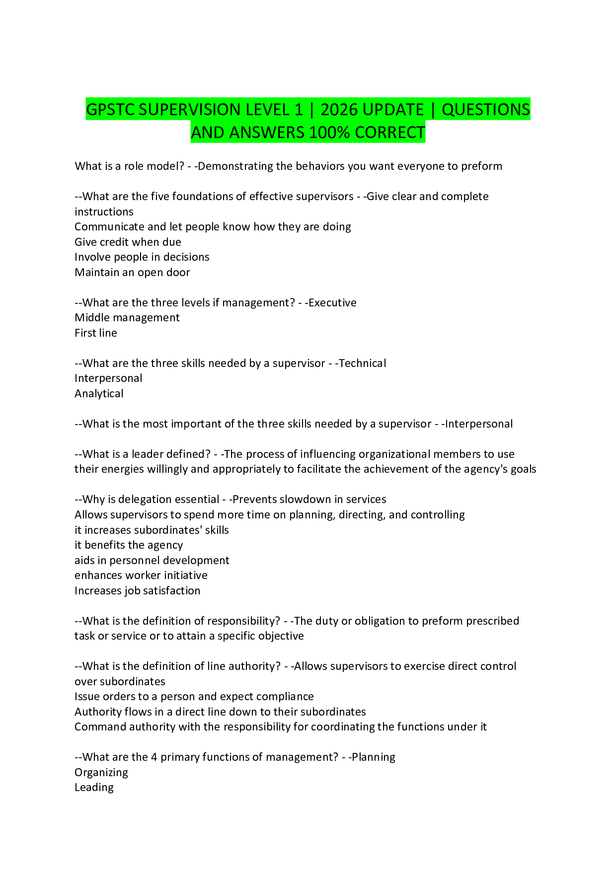 GPSTC SUPERVISION LEVEL 1 | 2026 UPDATE | QUESTIONS AND ANSWERS 100% CORRECT