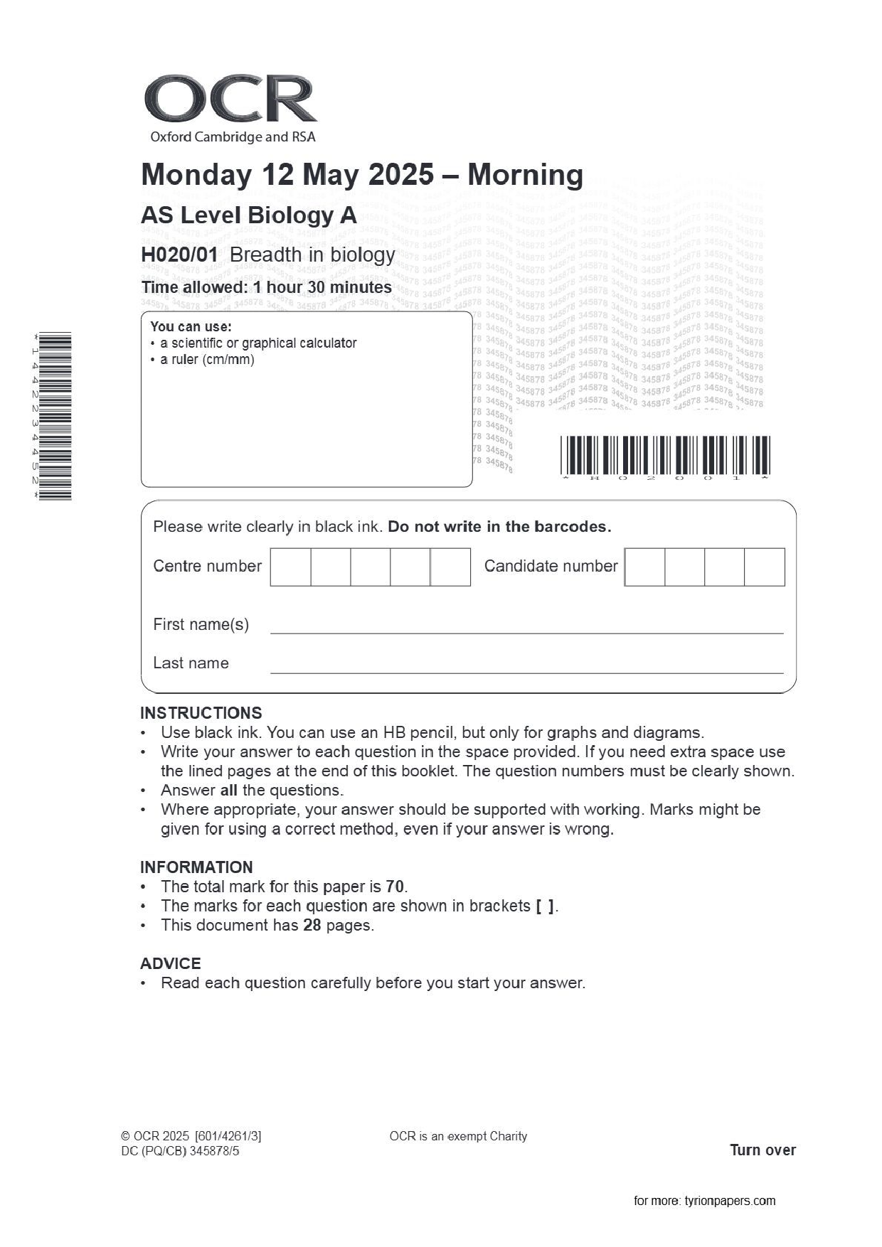 OCR AS Level Biology A H020/01 Breadth in biology June 2025