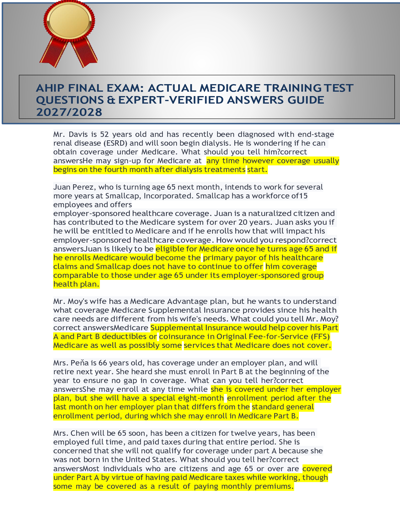 AHIP FINAL EXAM: ACTUAL MEDICARE TRAINING TEST QUESTIONS & EXPERT-VERIFIED ANSWERS GUIDE 2027/2028