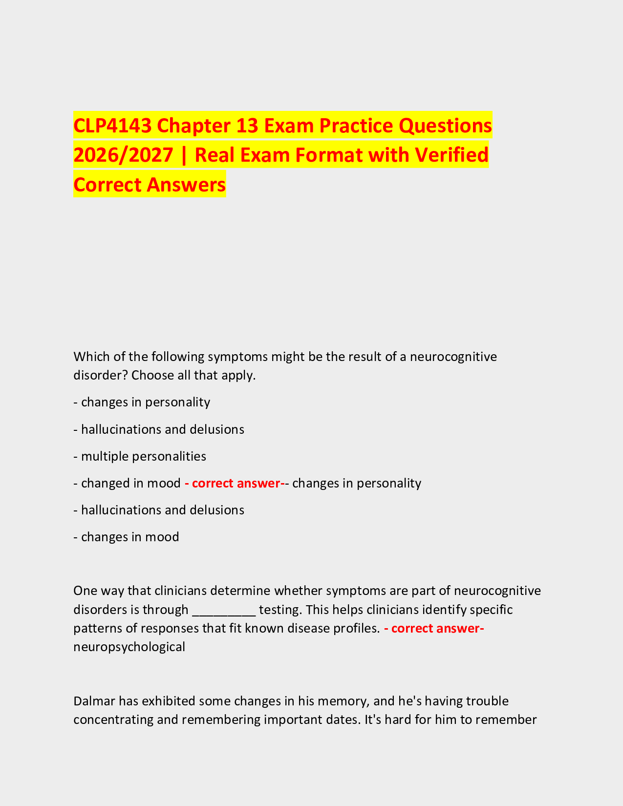 CLP4143 Chapter 13 Exam Practice Questions  2026/2027 | Real Exam Format with Verified Correct Answers