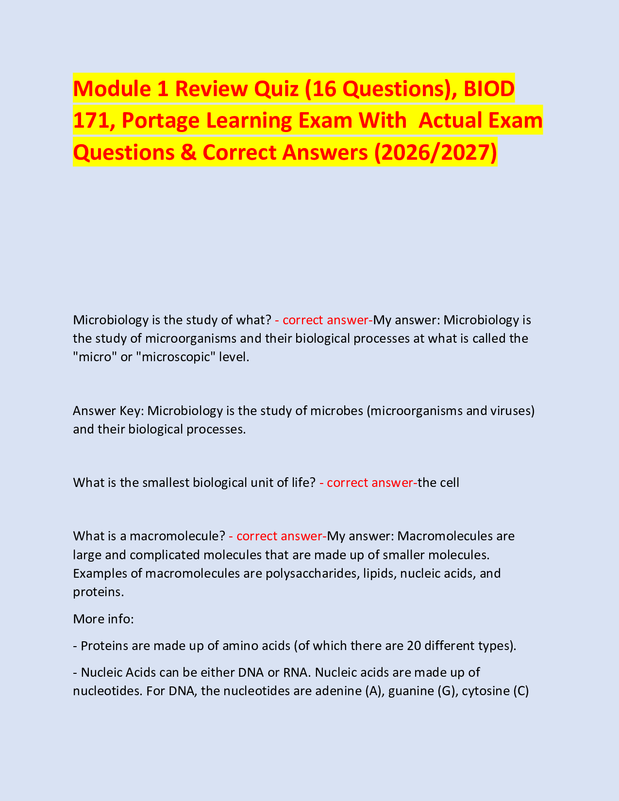 Module 1 Review Quiz (16 Questions), BIOD  171, Portage Learning Exam With  Actual Exam Questions & Correct Answers (2026/2027)