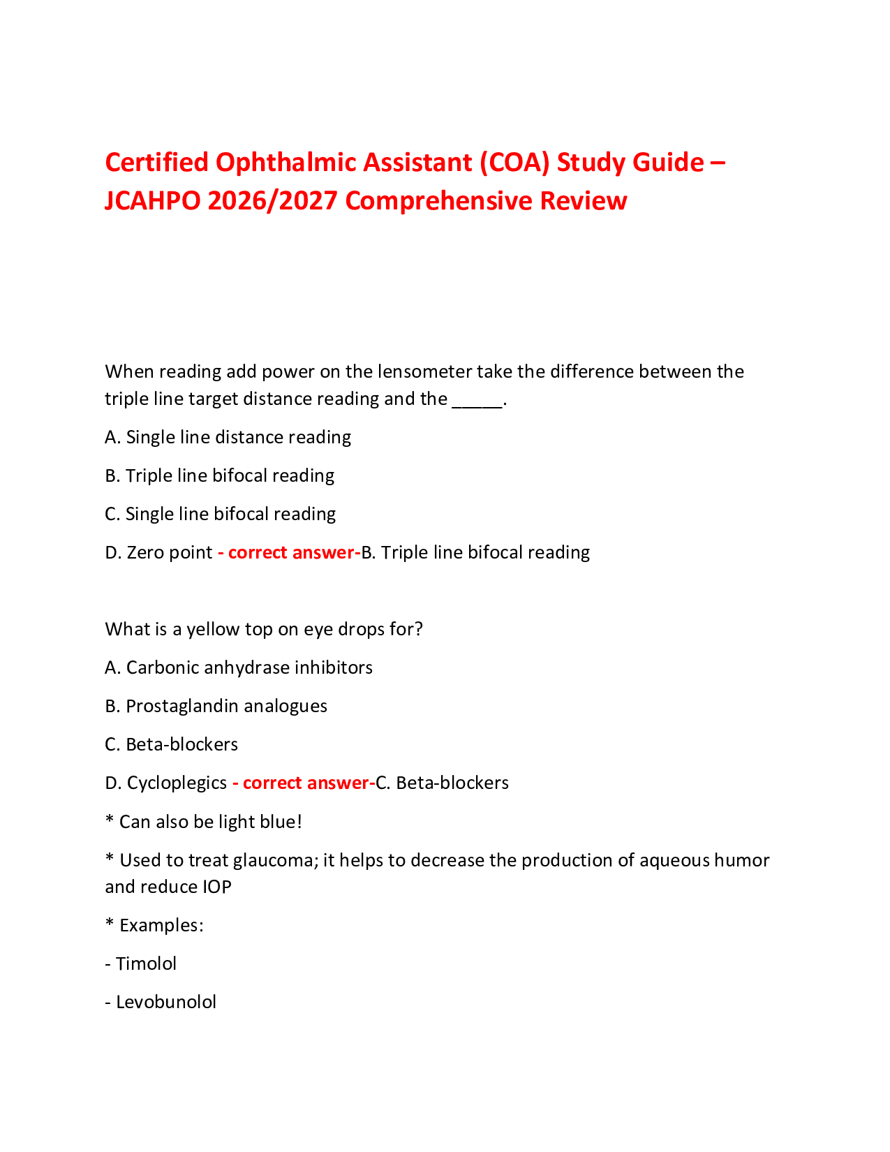 Certified Ophthalmic Assistant (COA) Study Guide – JCAHPO 2026/2027 Comprehensive Review
