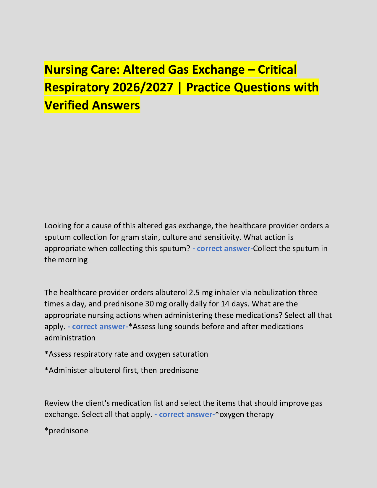 Nursing Care: Altered Gas Exchange – Critical  Respiratory 2026/2027 | Practice Questions with Verified Answers