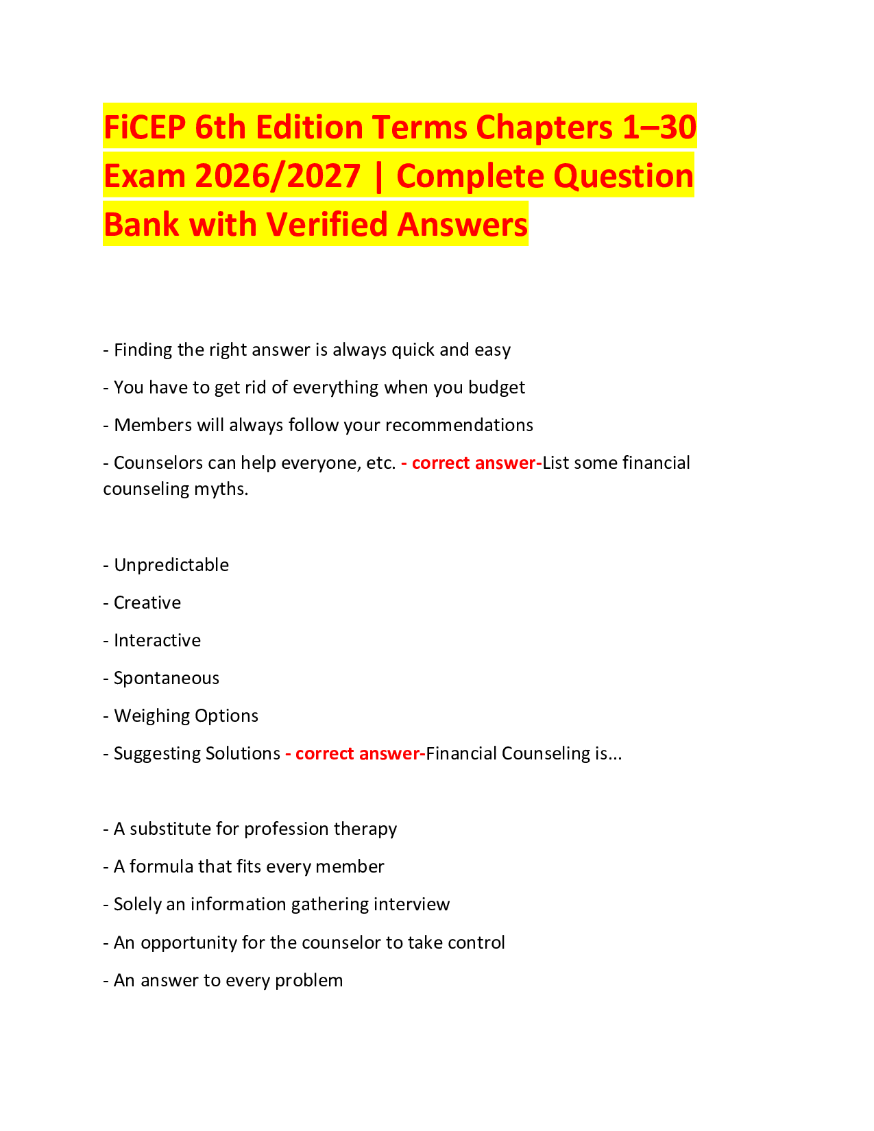 FiCEP 6th Edition Terms Chapters 1–30  Exam 2026/2027 | Complete Question Bank with Verified Answers