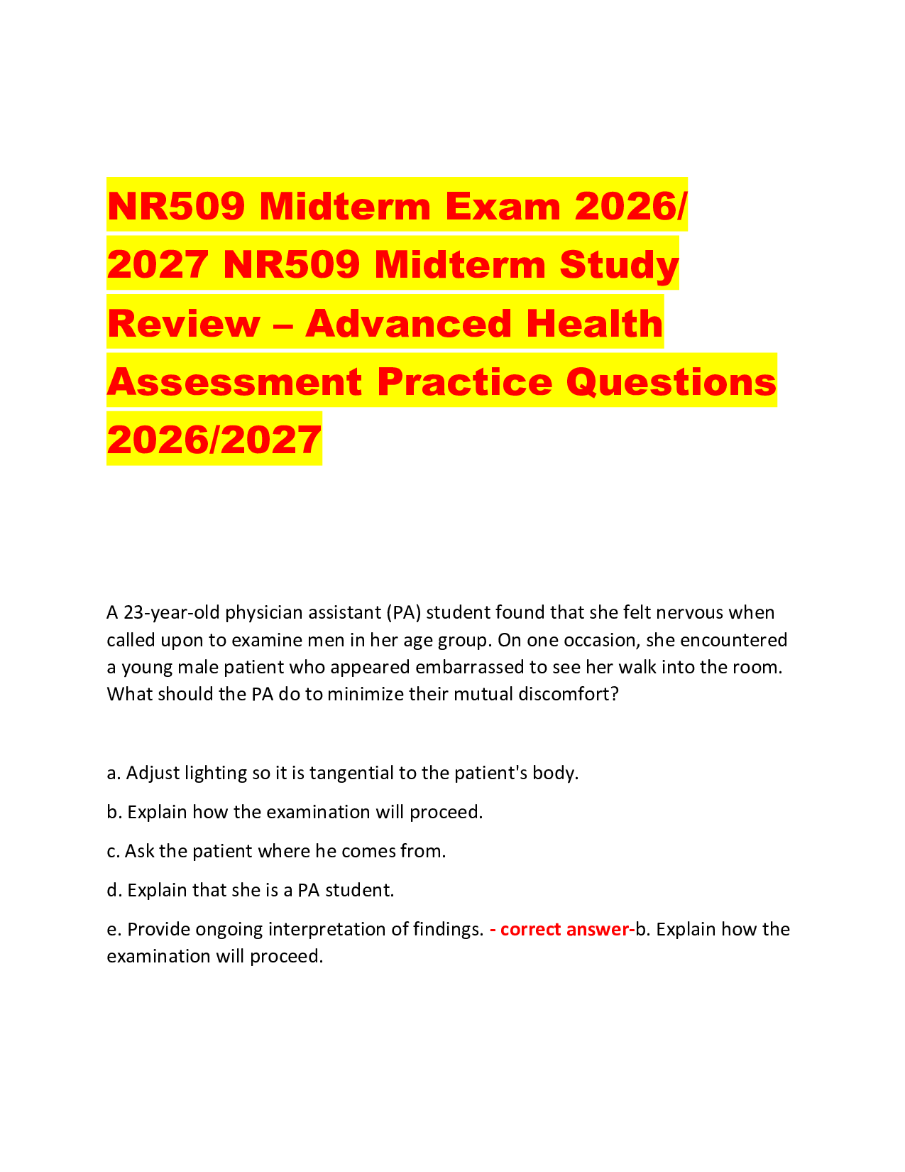 NR509 Midterm Exam 2026/  2027 NR509 Midterm Study  Review – Advanced Health  Assessment Practice Questions  2026/2027