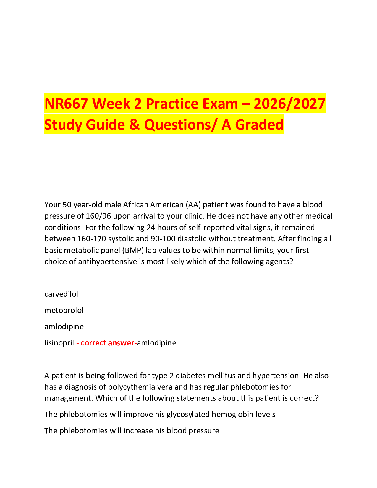 NR667 Week 2 Practice Exam – 2026/2027 Study Guide & Questions/ A Graded
