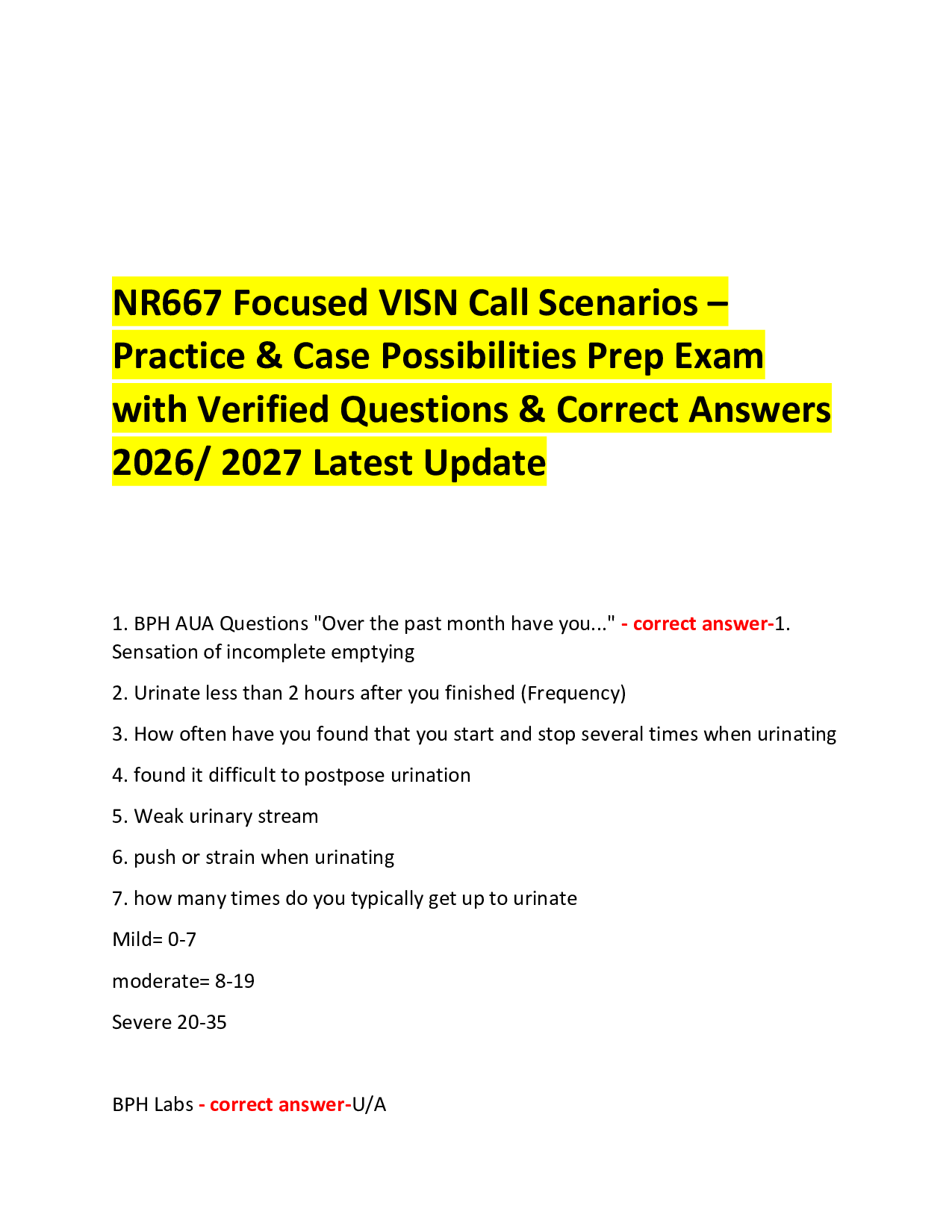 NR667 Focused VISN Call Scenarios – Practice & Case Possibilities Prep Exam with Verified Questions & Correct Answers  2026/ 2027 Latest Update