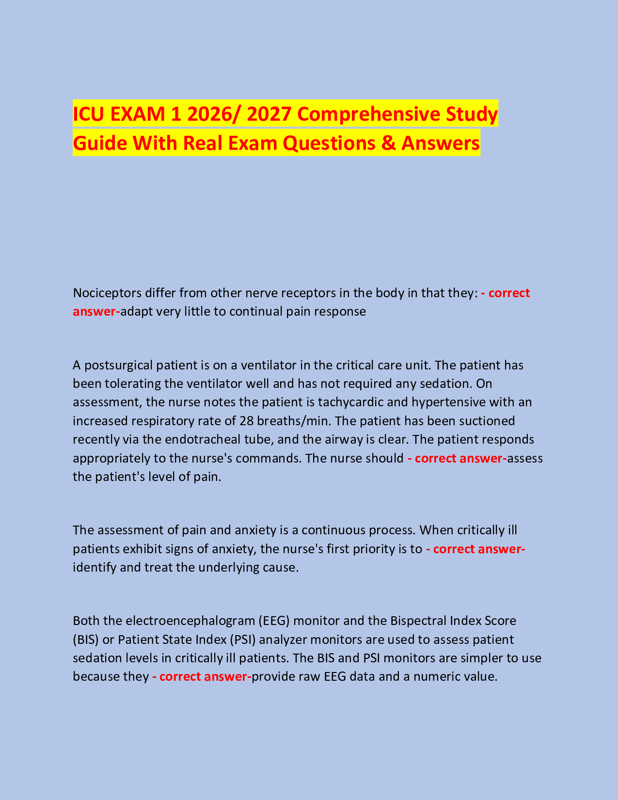 ICU EXAM 1 2026/ 2027 Comprehensive Study Guide With Real Exam Questions & Answers