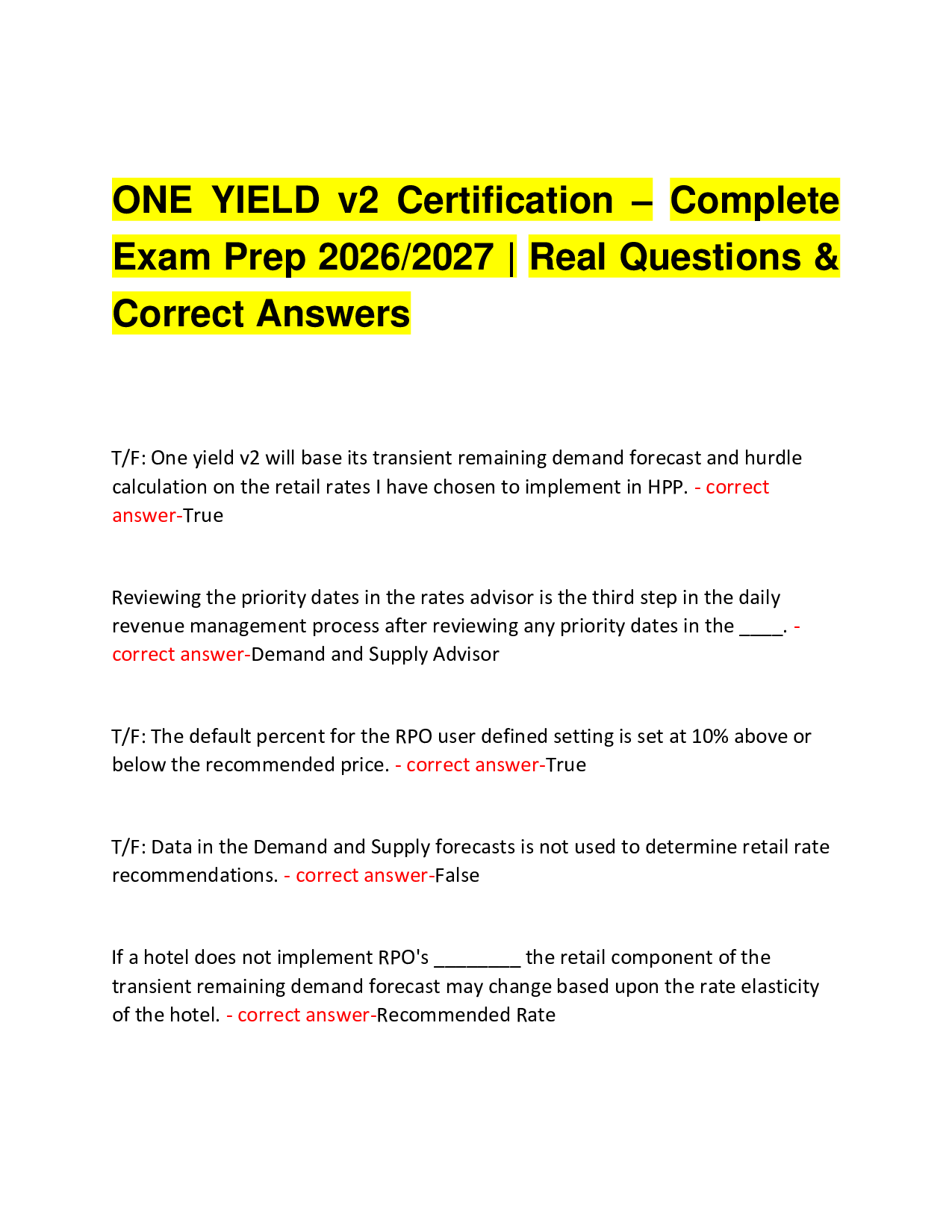 ONE YIELD v2 Certification – Complete Exam Prep 2026/2027 | Real Questions &  Correct Answers