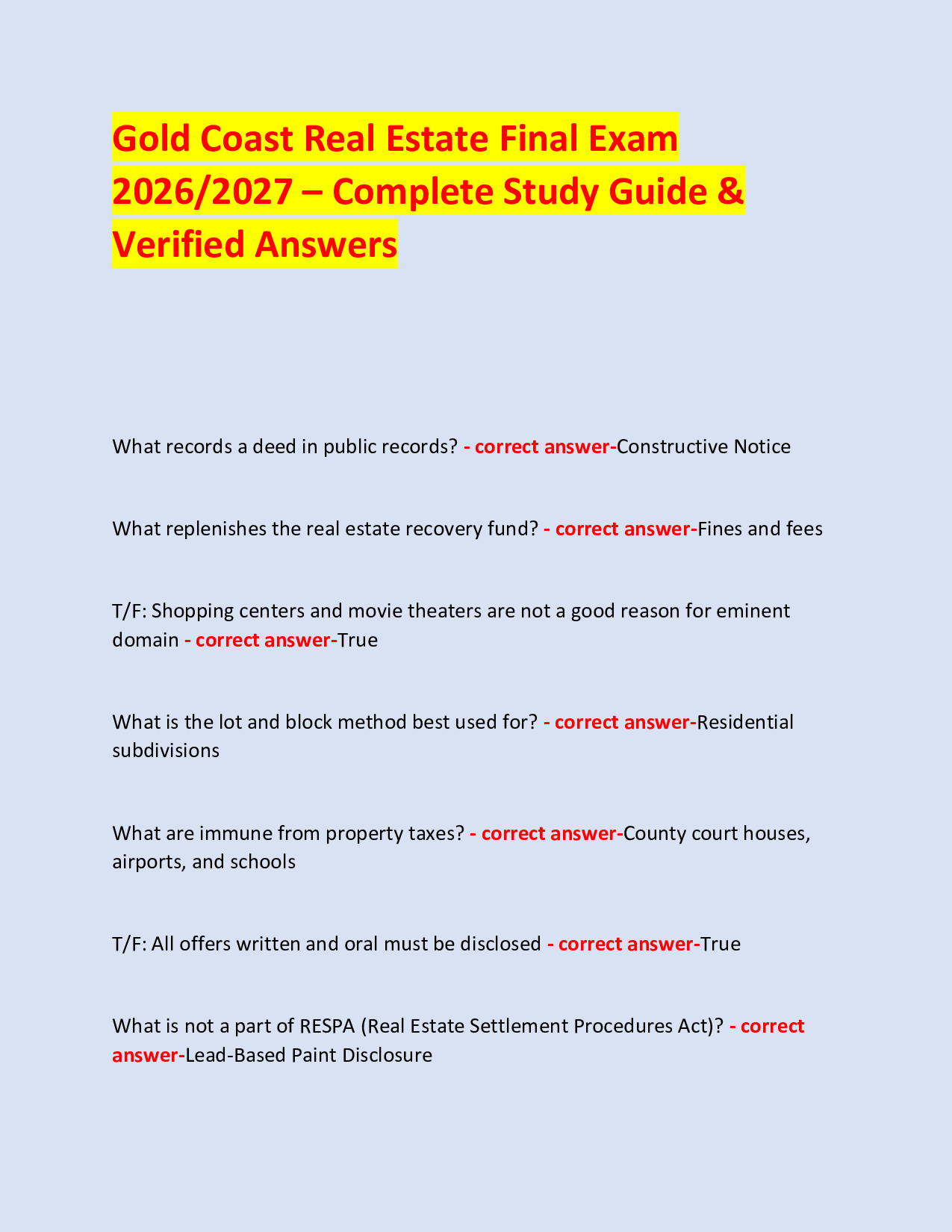 Gold Coast Real Estate Final Exam  2026/2027 – Complete Study Guide & Verified Answers