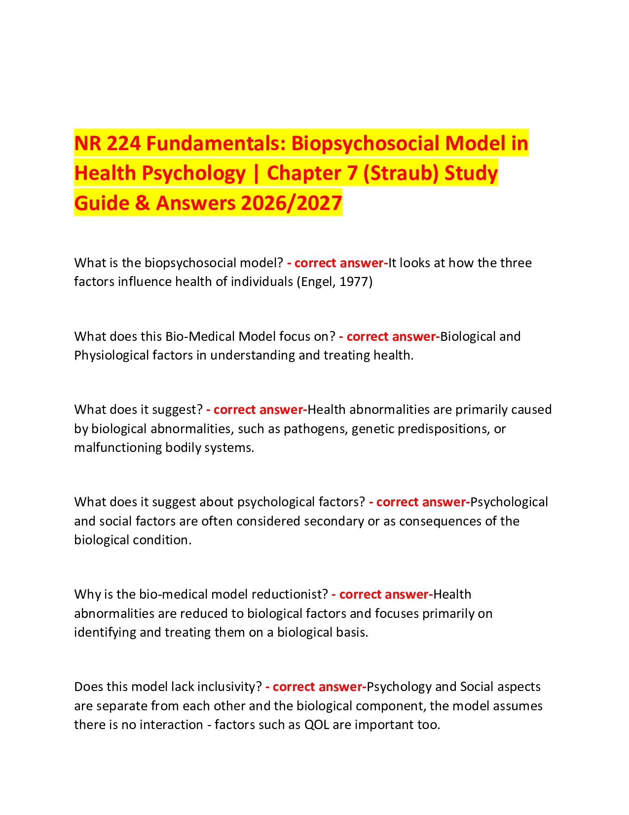 NR 224 Fundamentals: Biopsychosocial Model in  Health Psychology | Chapter 7 (Straub) Study Guide & Answers 2026/2027