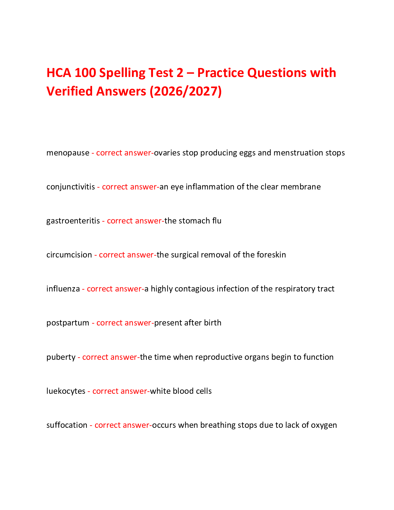 HCA 100 Spelling Test 2 – Practice Questions with Verified Answers (2026/2027)