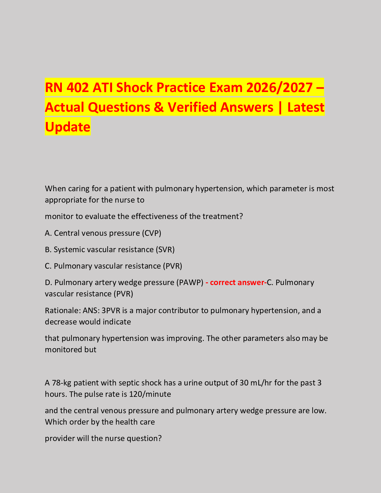 RN 402 ATI Shock Practice Exam 2026/2027 – Actual Questions & Verified Answers | Latest Update