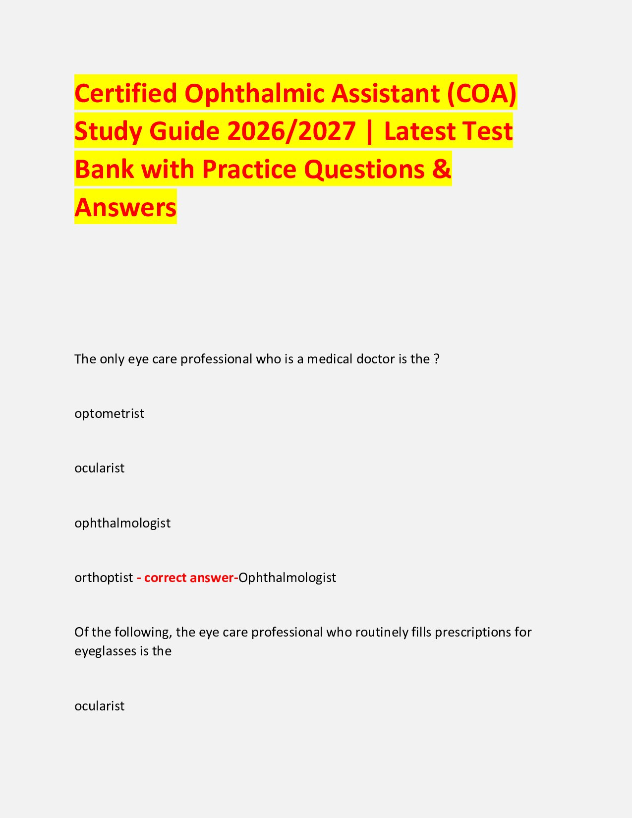 Certified Ophthalmic Assistant (COA)  Study Guide 2026/2027 | Latest Test  Bank with Practice Questions & Answers
