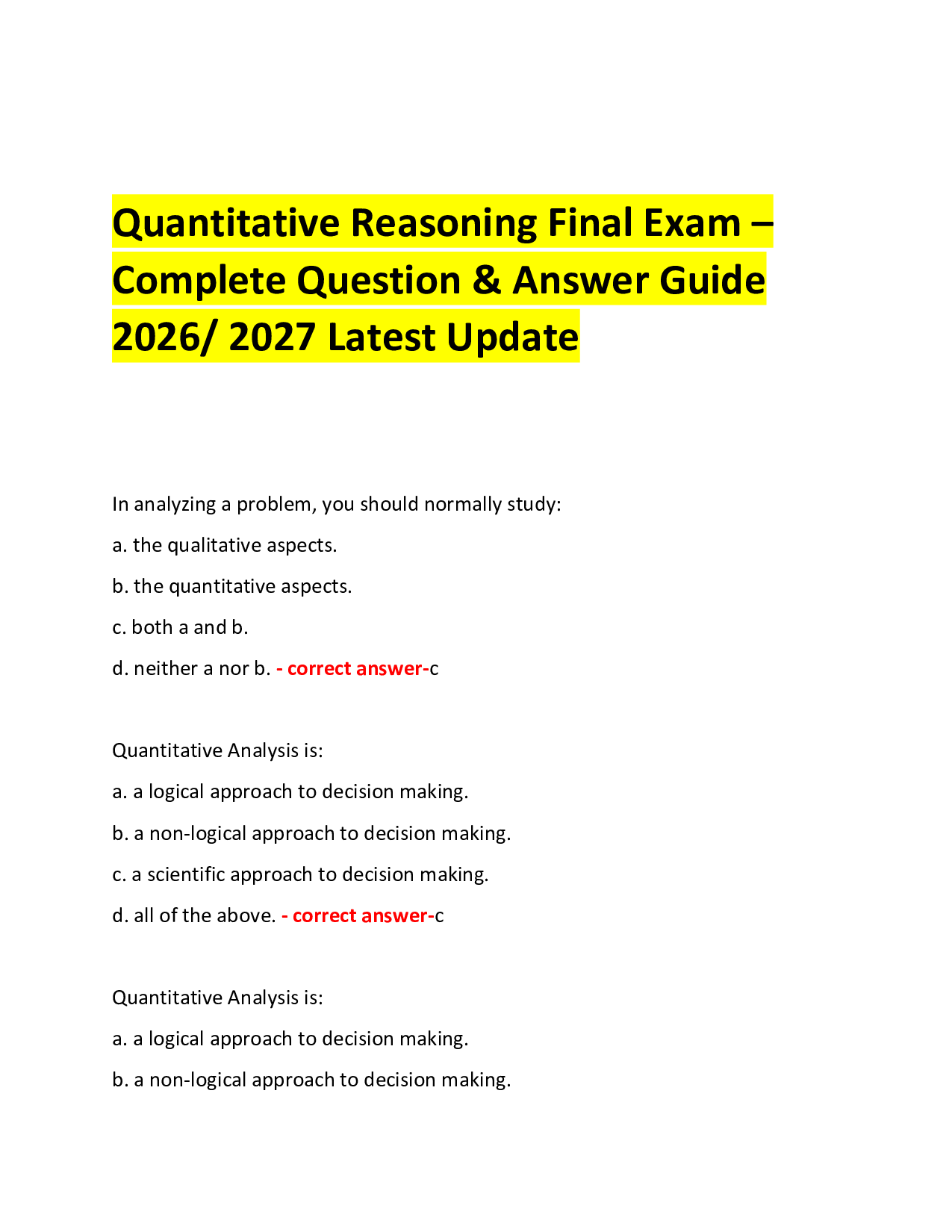 Quantitative Reasoning Final Exam – Complete Question & Answer Guide 2026/ 2027 Latest Update