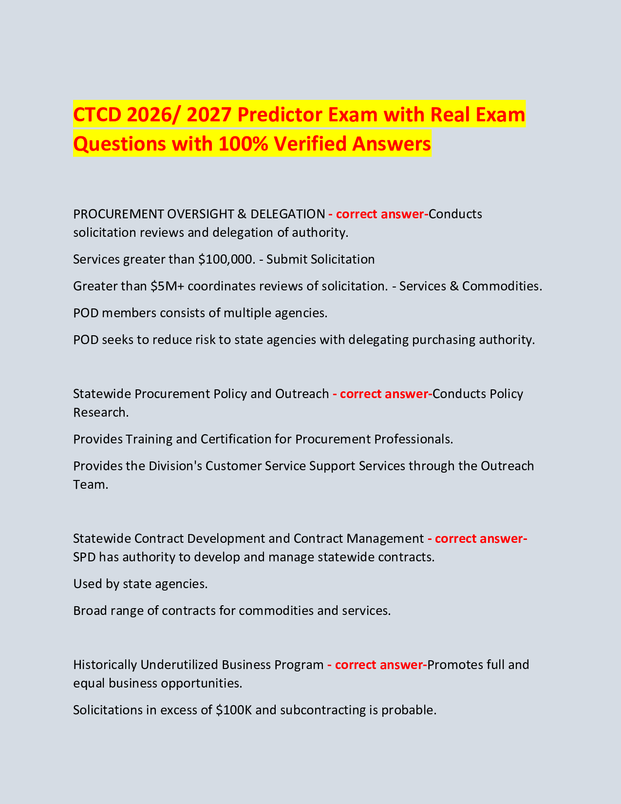 CTCD 2026/ 2027 Predictor Exam with Real Exam Questions with 100% Verified Answers