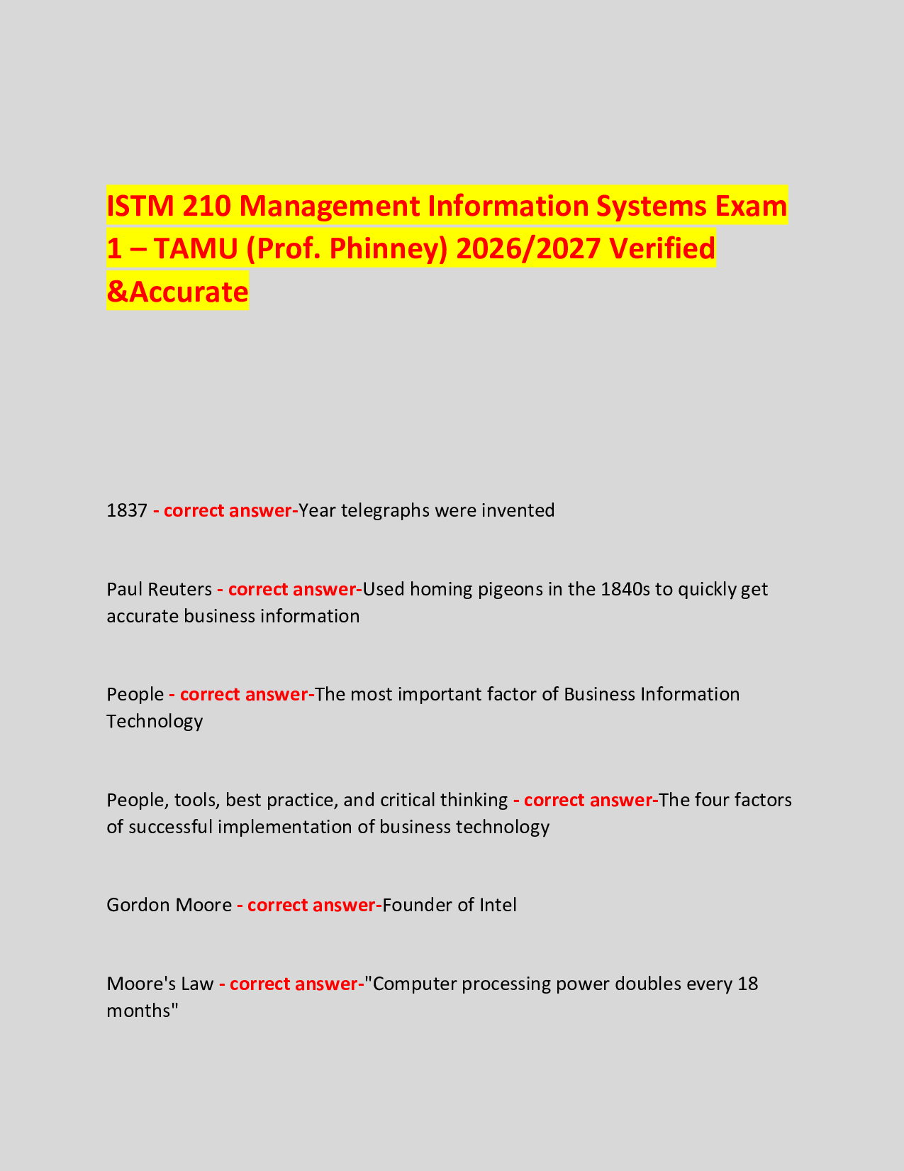 ISTM 210 Management Information Systems Exam  1 – TAMU (Prof. Phinney) 2026/2027 Verified Exam Questions