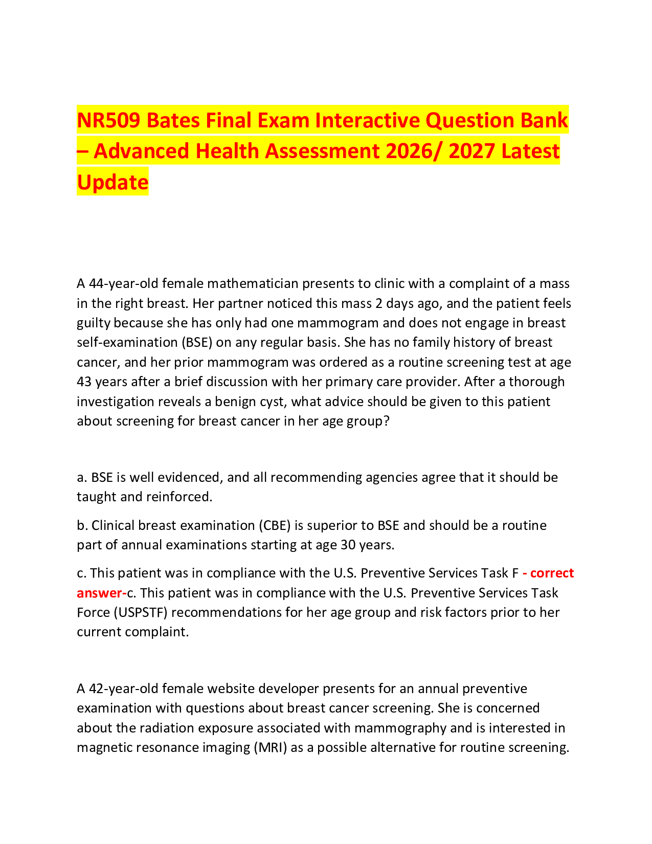 NR509 Bates Final Exam Interactive Question Bank  – Advanced Health Assessment 2026/ 2027 Latest Update