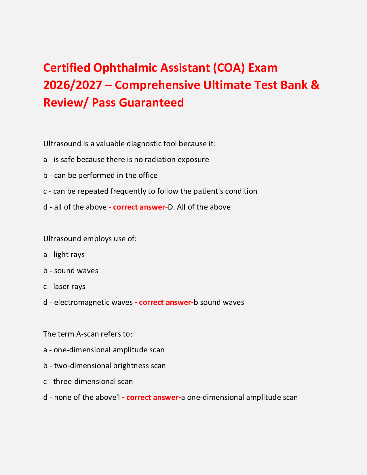 Certified Ophthalmic Assistant (COA) Exam  2026/2027 – Comprehensive Ultimate Test Bank & Review/ Pass Guaranteed