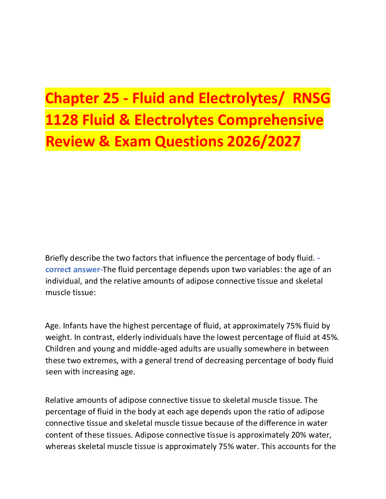 Chapter 25 - Fluid and Electrolytes/  RNSG   1128 Fluid & Electrolytes Comprehensive  Review & Exam Questions 2026/2027