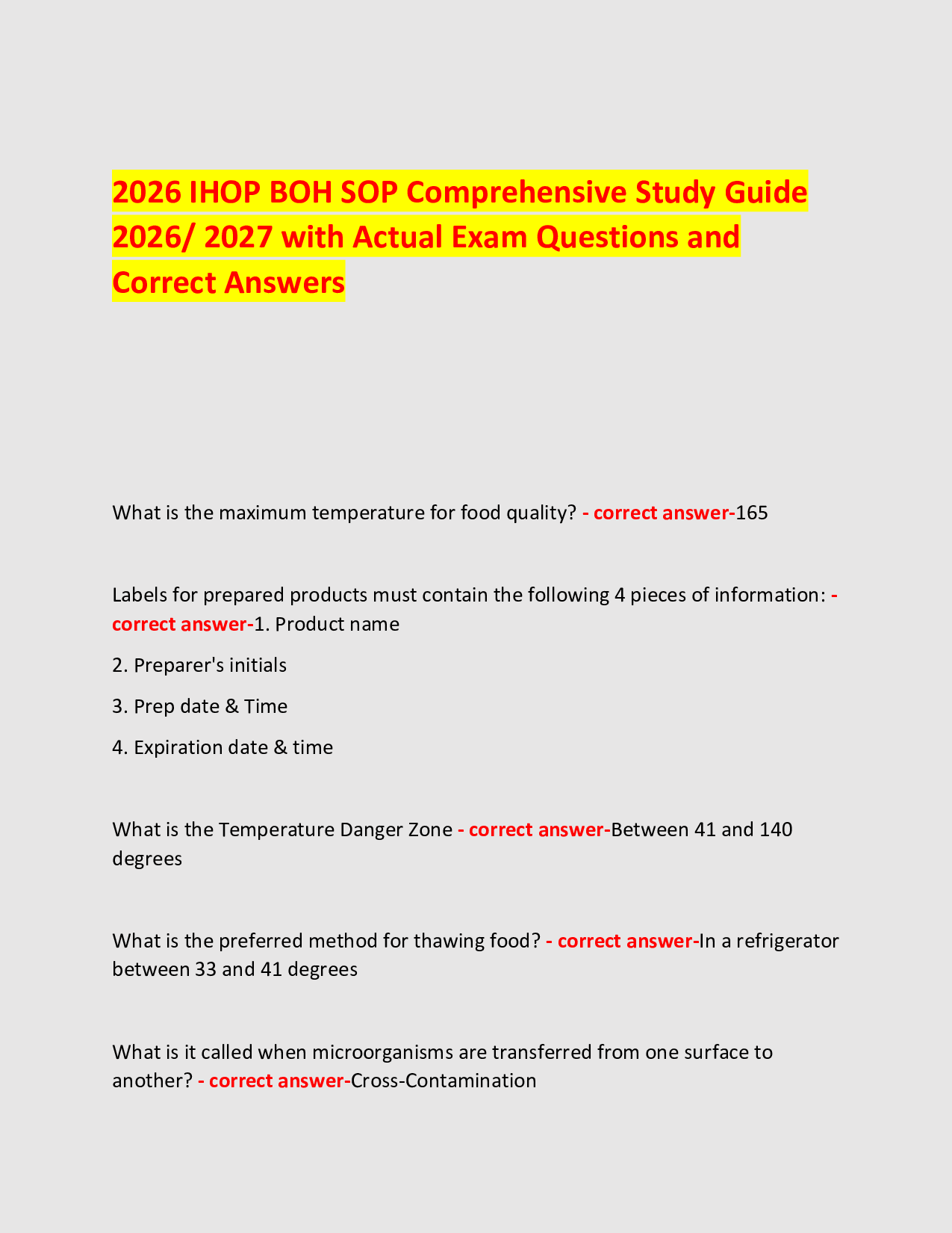 2026 IHOP BOH SOP Comprehensive Study Guide  2026/ 2027 with Actual Exam Questions and Correct Answers