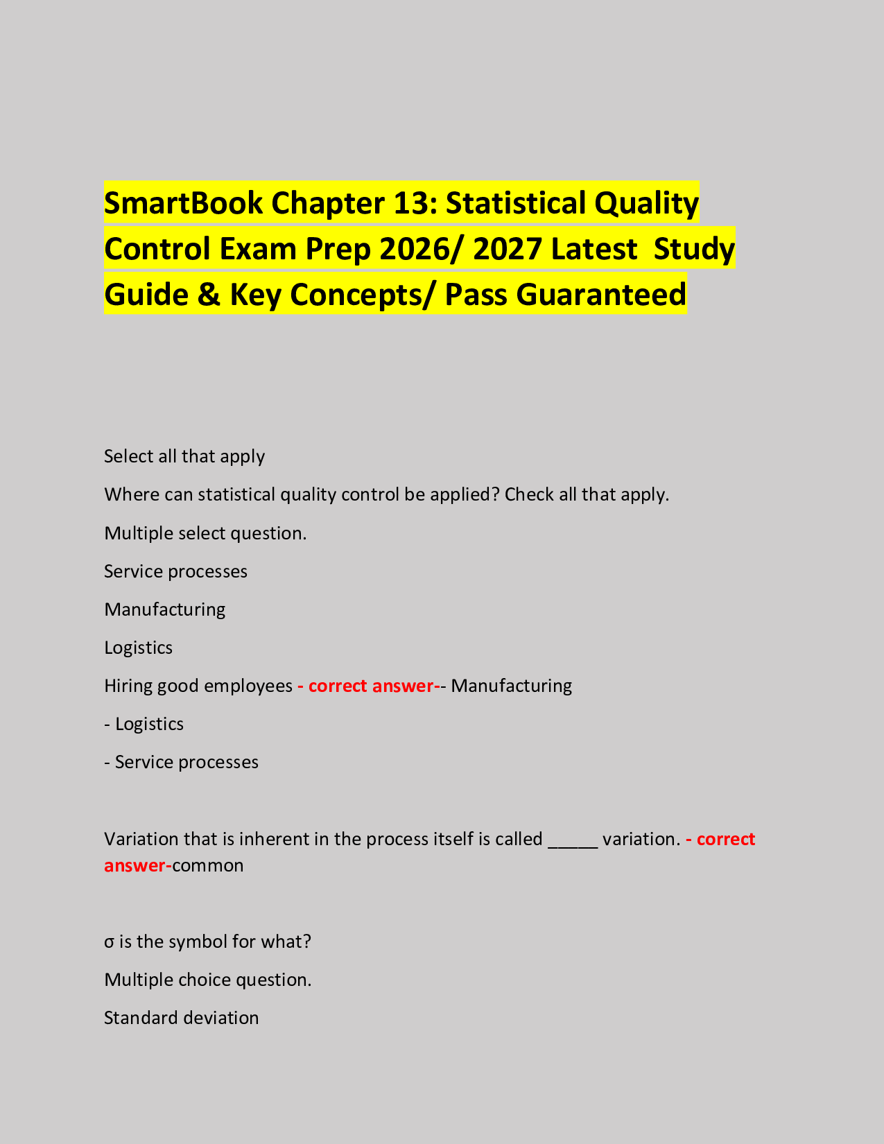 SmartBook Chapter 13: Statistical Quality  Control Exam Prep 2026/ 2027 Latest  Study Guide & Key Concepts/ Pass Guaranteed
